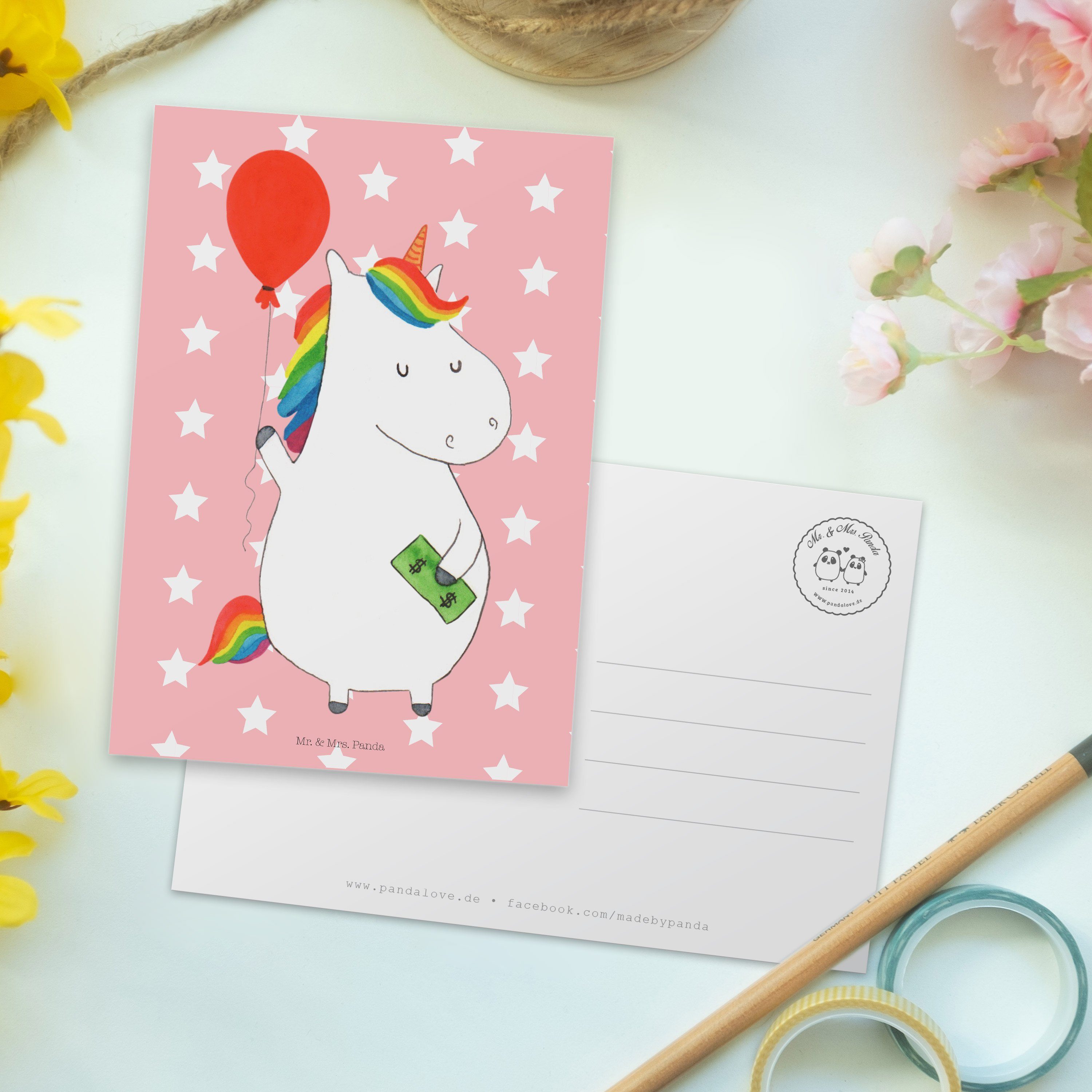 Einhorn Rot Luftballon Panda Pastell Postkarte & Mrs. Einladungskarte Mr. - - Freude, Geschenk,