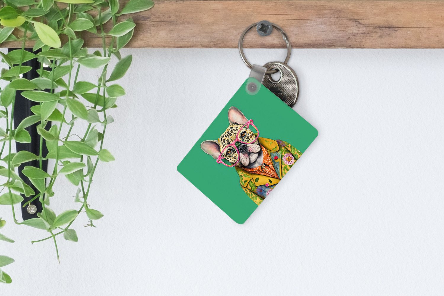 MuchoWow Schlüsselanhänger Bulldogge - Brille - Design - Hund - Tiere, Rechteckig mit Schlüsselring, Geschenk, Accessoire, 6x4 cm