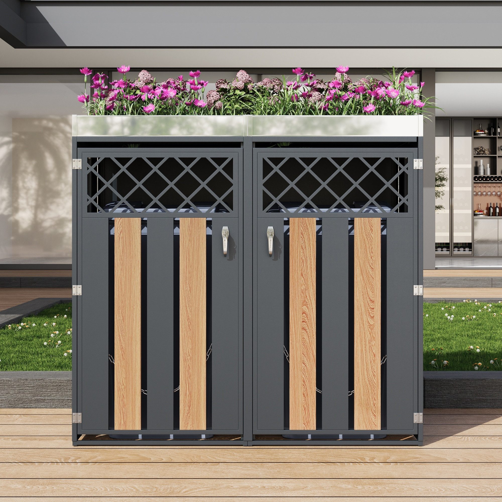 Flieks Mülltonnenbox (1 St), Mülltonnenschrank Abschließbar für 2 Tonnen 120–240L mit Pflanzfläche