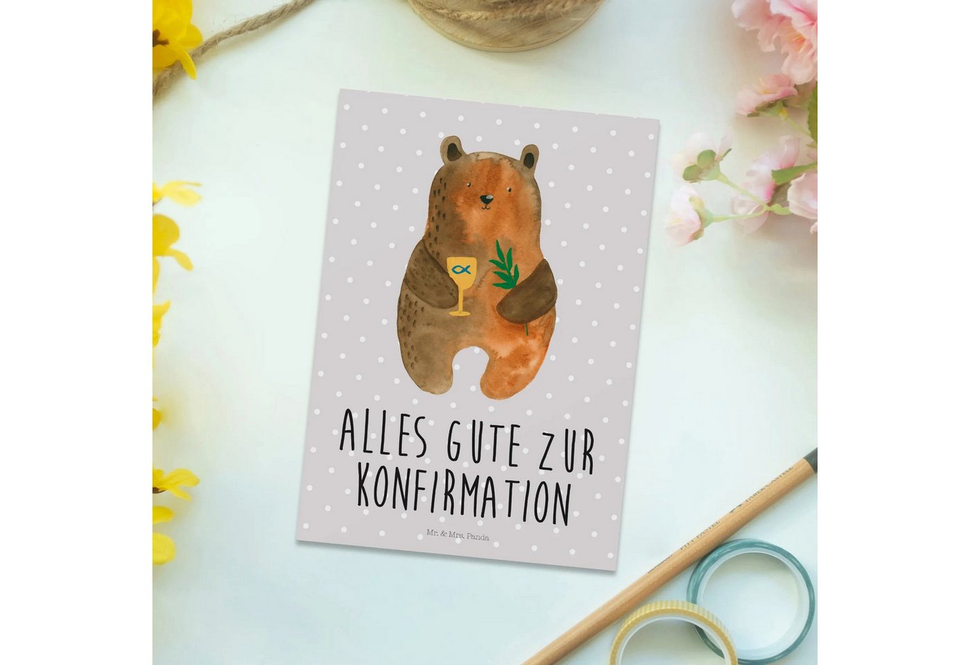 Thumbnail - Mr. & Mrs. Panda Postkarte Bär Konfirmation - Grau Pastell - Geschenk, Kirche, Teddy, Gottesdien, Lustige Sprüche