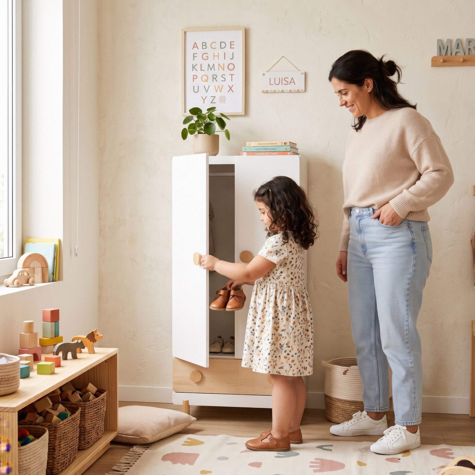 en.casa Kinderkleiderschrank »Vaarentaa« mit Schublade 126x60x41 cm Weiß/Eiche – Bild 4 von 5