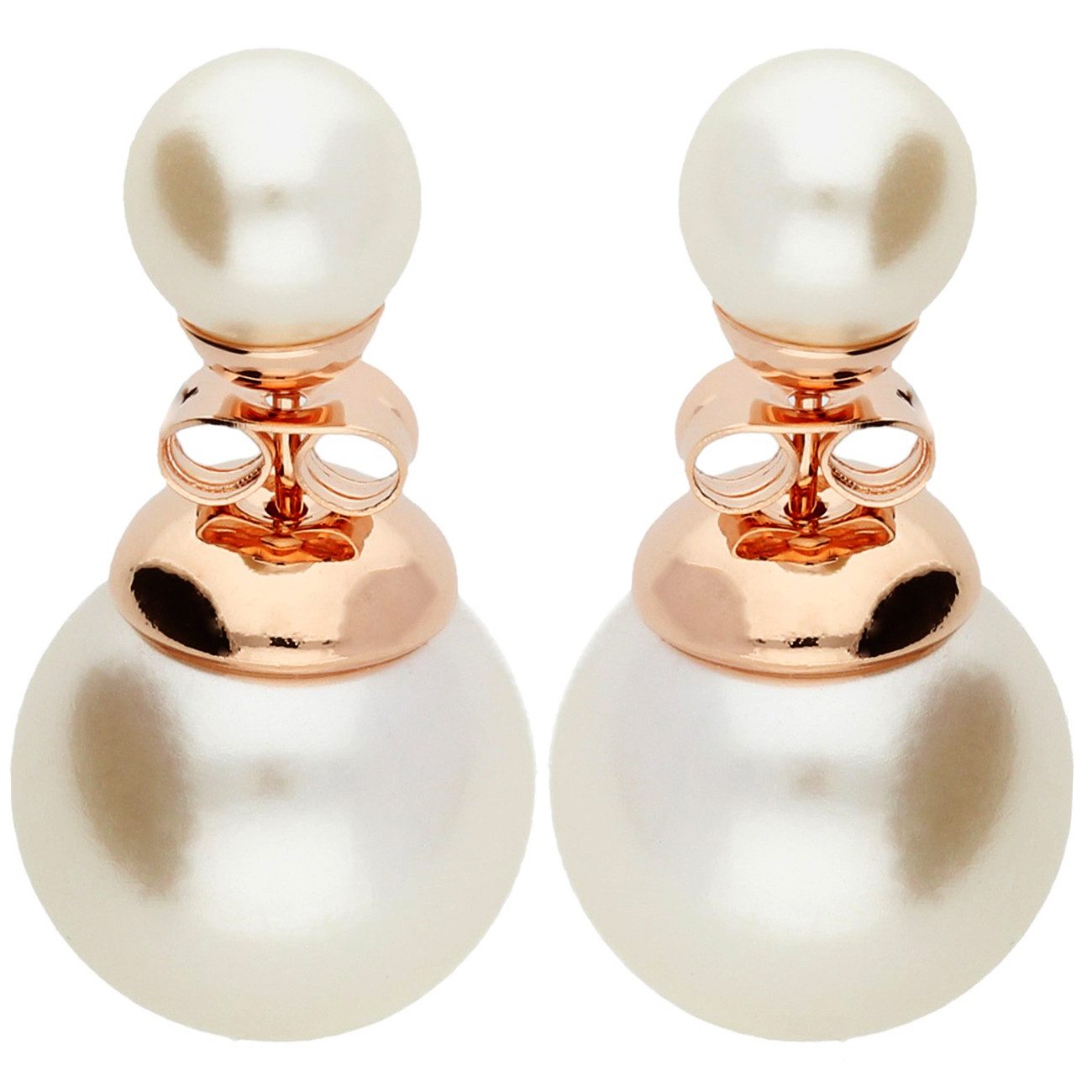 LÖB Paar Ohrstecker 18K Roségold vergoldet Ohrringe Doppel Zwei Perlen Perlenohrringe weiß (Geschenke für Frauen Beste Freundin Mutter Mama Damen Ehefrau sie zum Geburtstag Ostern Muttertag Muttertagsgeschenk, Inkl. Schmuckbox), Ohrstecker Front Back doppelte Perlenohrstecker Kugel Brautschmuck Set
