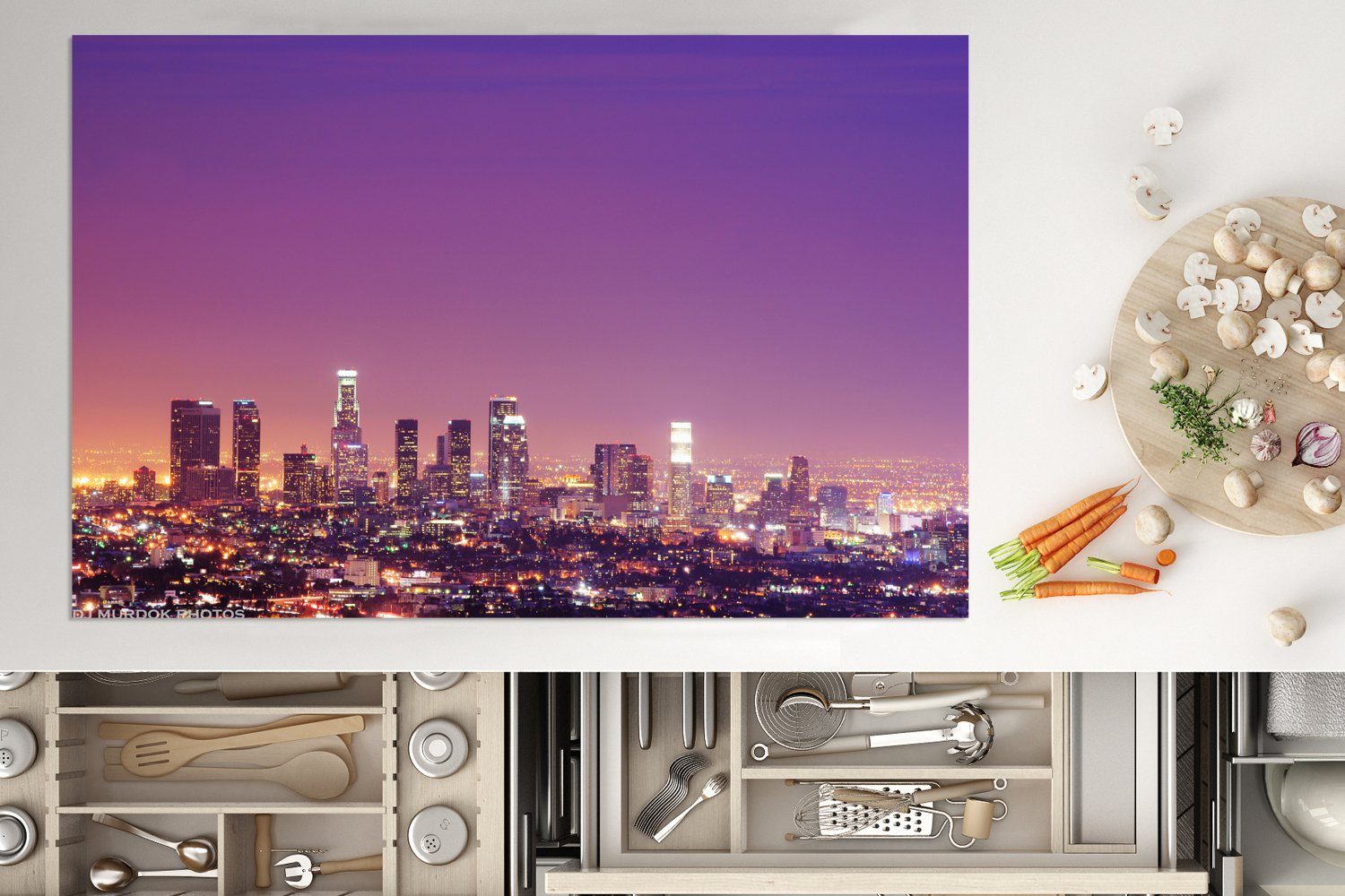 die Los Angeles, Vinyl, Herdblende-/Abdeckplatte Schutz küche, Ceranfeldabdeckung Amerika - tlg), für - cm, MuchoWow Stadt 81x52 (1 Induktionskochfeld