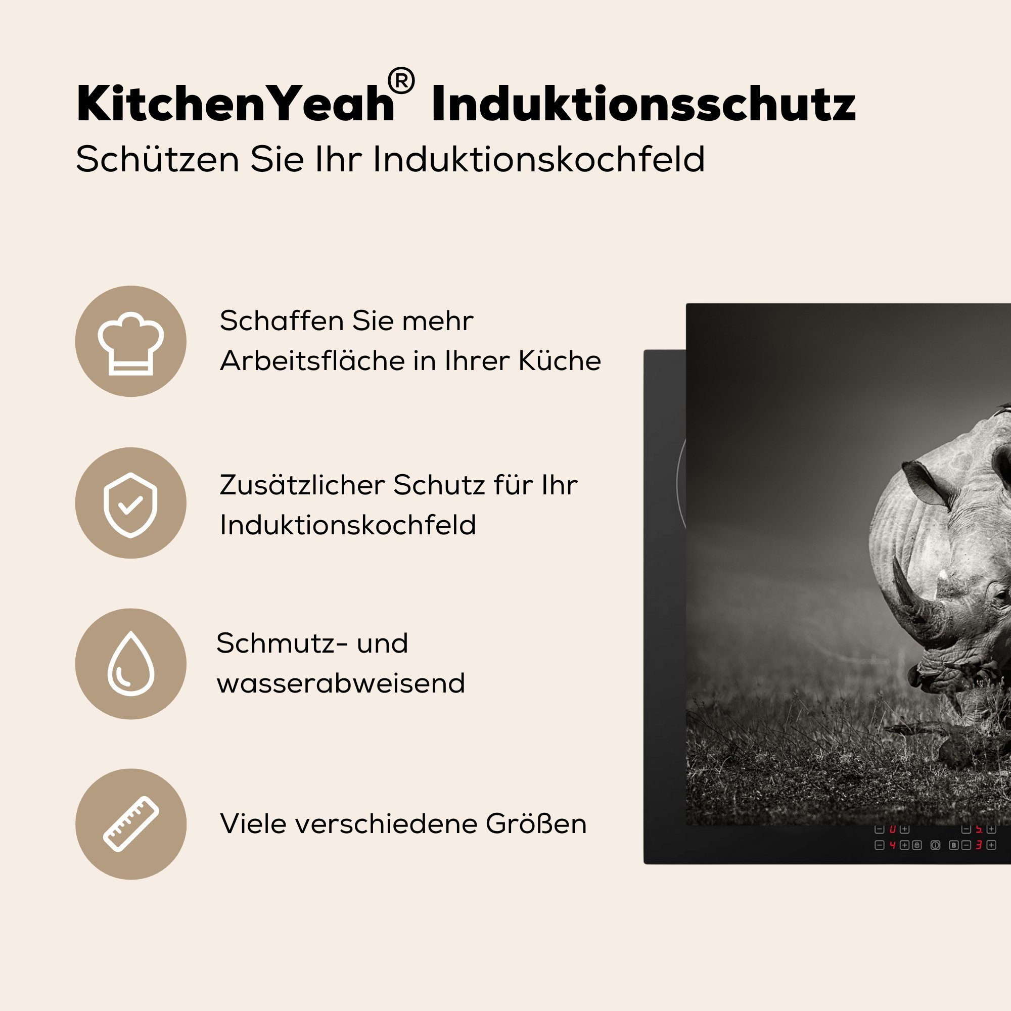 MuchoWow (1 Schwarz Herdblende-/Abdeckplatte und Vogel weiß, - Vinyl, Arbeitsplatte Landschaft tlg), - Ceranfeldabdeckung, für - - küche 81x52 Nashorn Tiere cm,