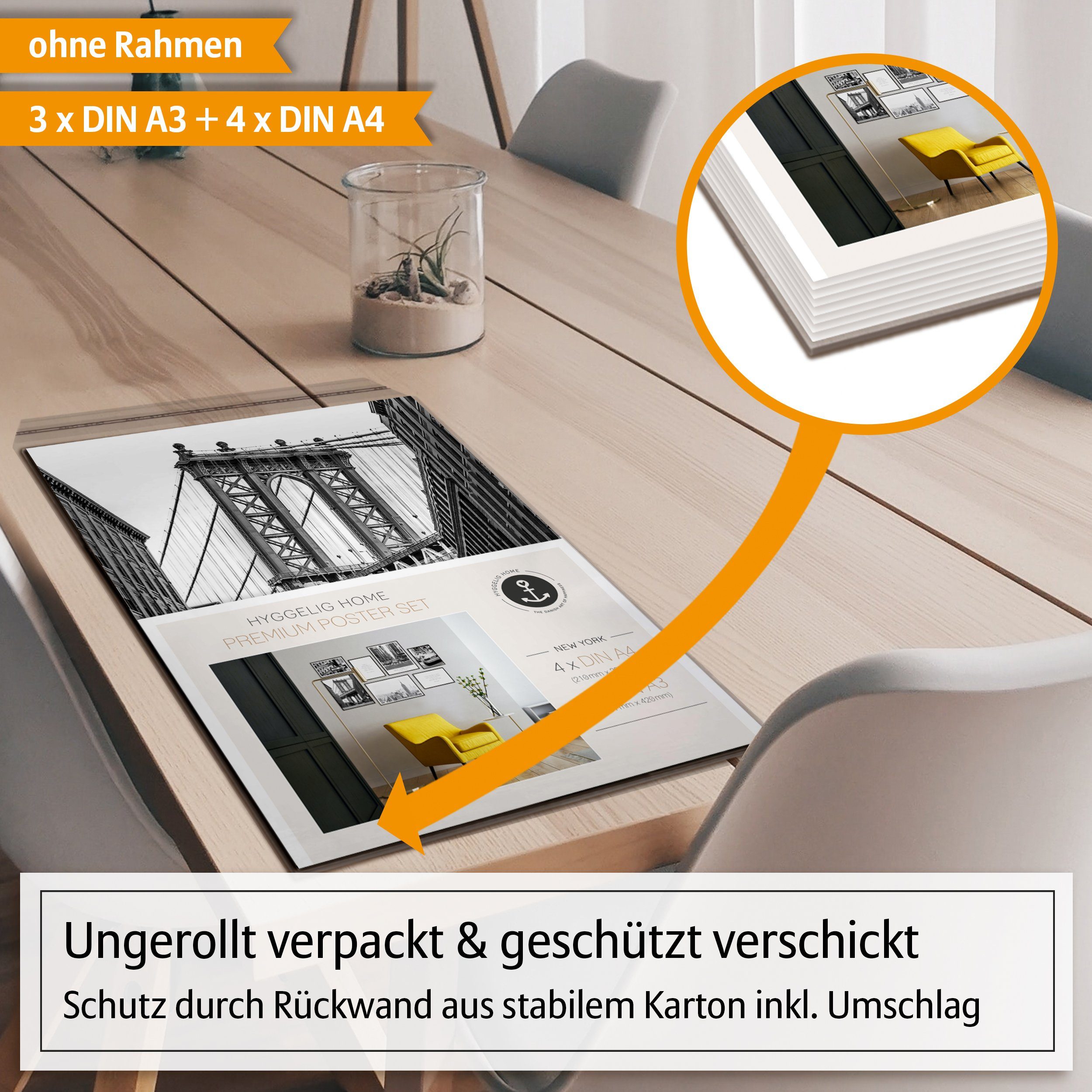 Hyggelig Home Poster New York, Premium Poster Set OHNE & MIT Rahmen - Wandbild schwarz weiß, Stadt (Set, 7 St), Collage Broadway, Qualitätsdruck dickes Papier – Bild 4 von 5