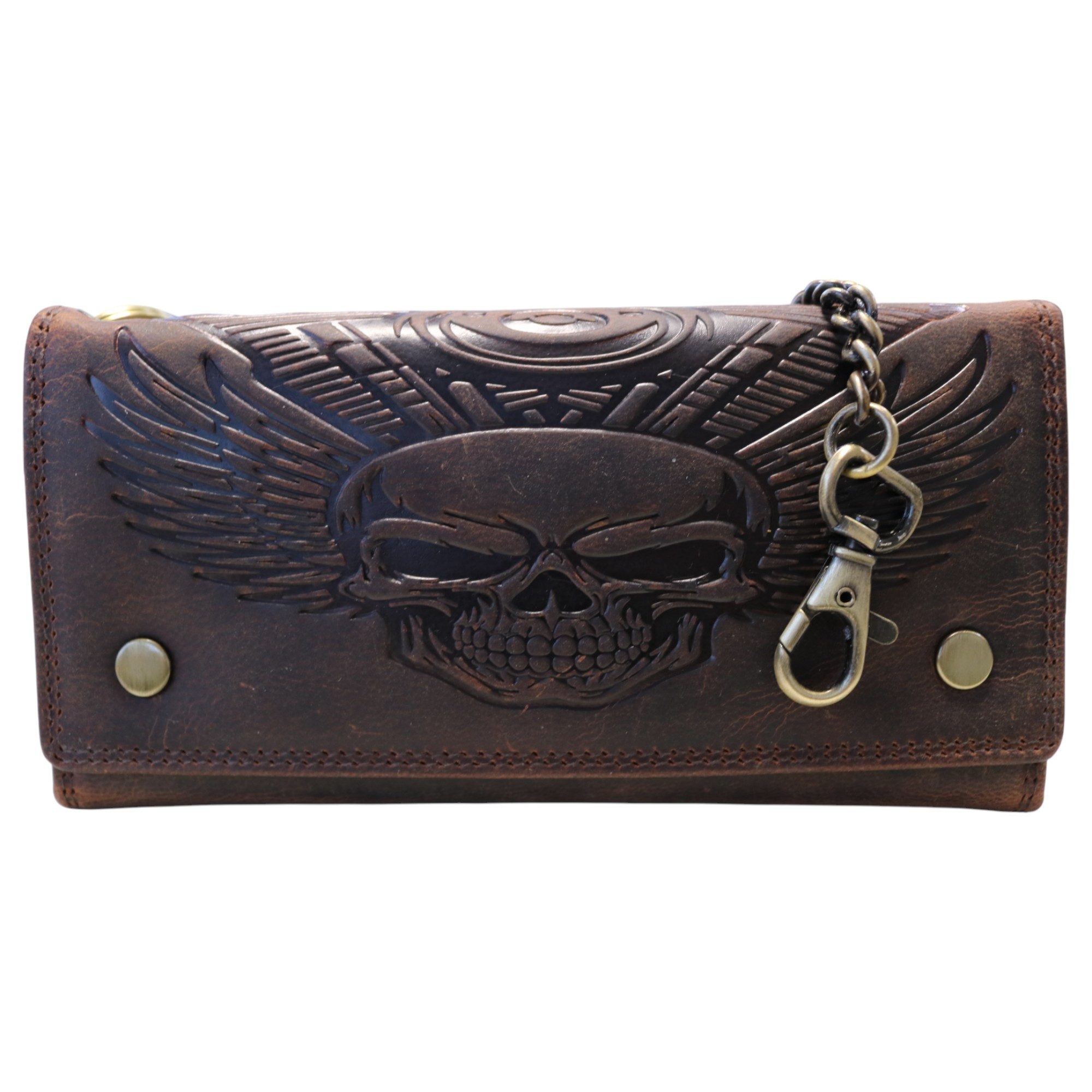 MDM Brieftasche Vintage Biker Kartenportemonnaie aus Leder mit Kette RFID, Echtleder, Totenkopf-Prägung