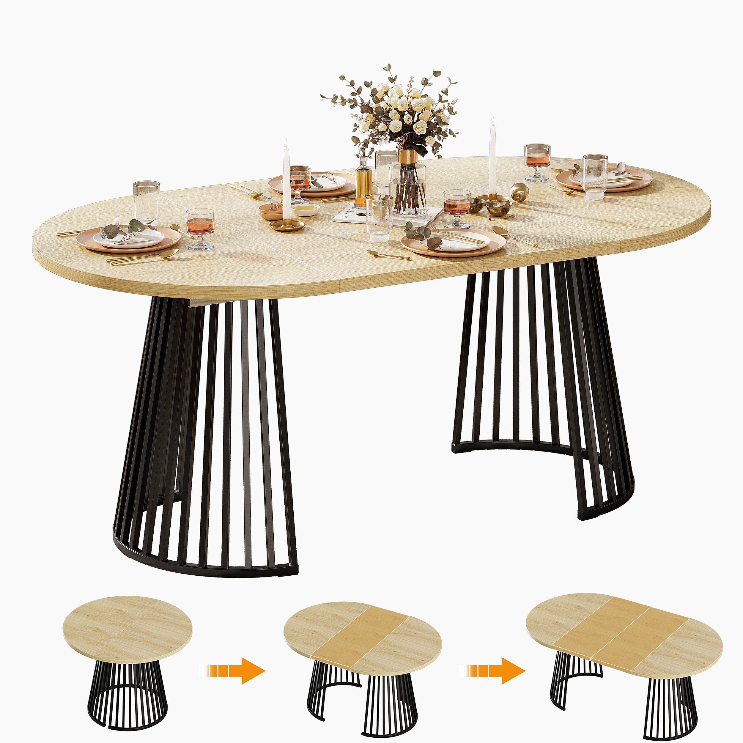 TWSOUL Esstisch Rund/Oval ausziehbar 100–140–180 cm, 4–8 Personen, 2 Einlegeplatten, Loft-Stil Küchentisch, Saulengestell mit Rillenstruktu Metallbeinen