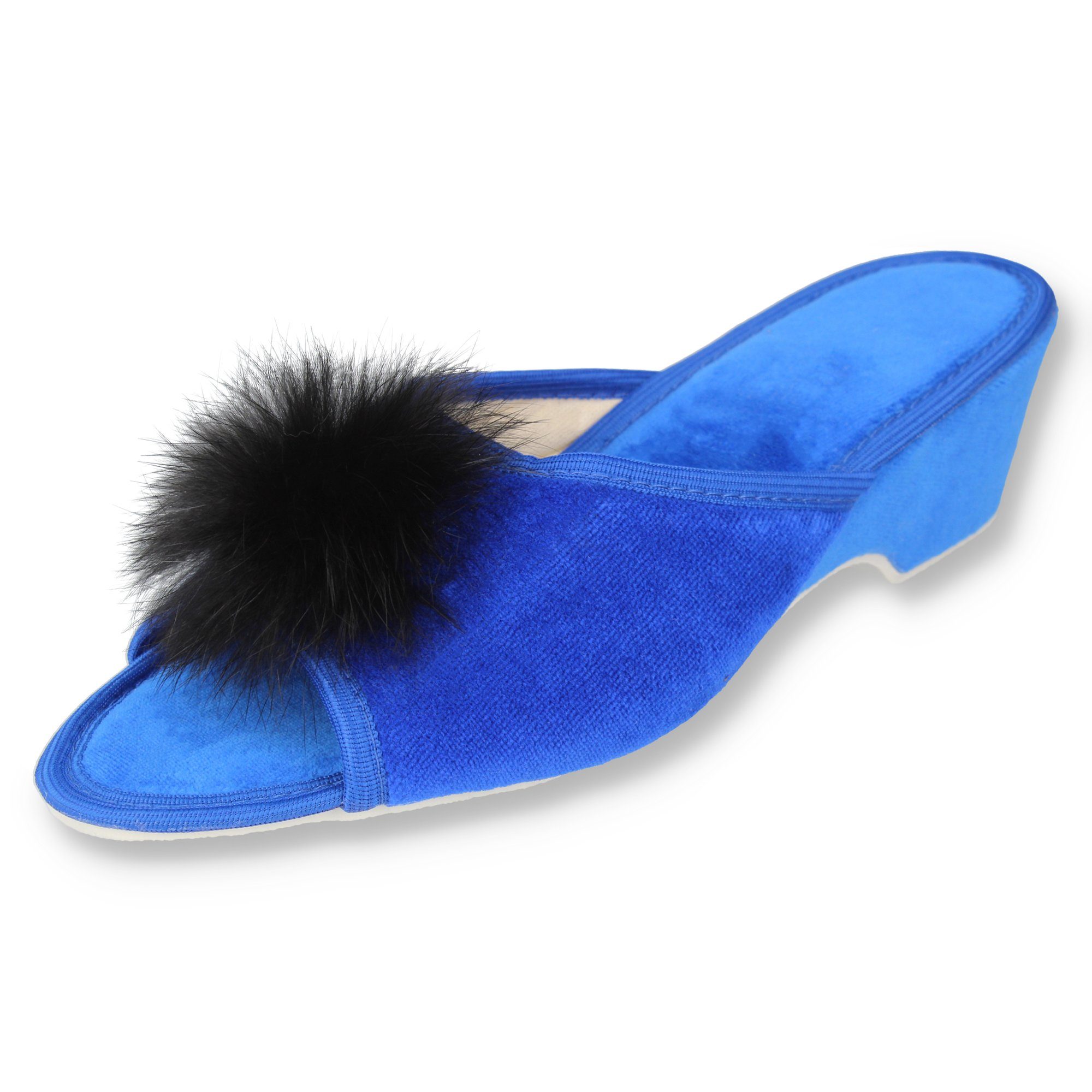 filsko Latina Elegante Samt Pantoffeln für Damen mit Puschel Hausschuh