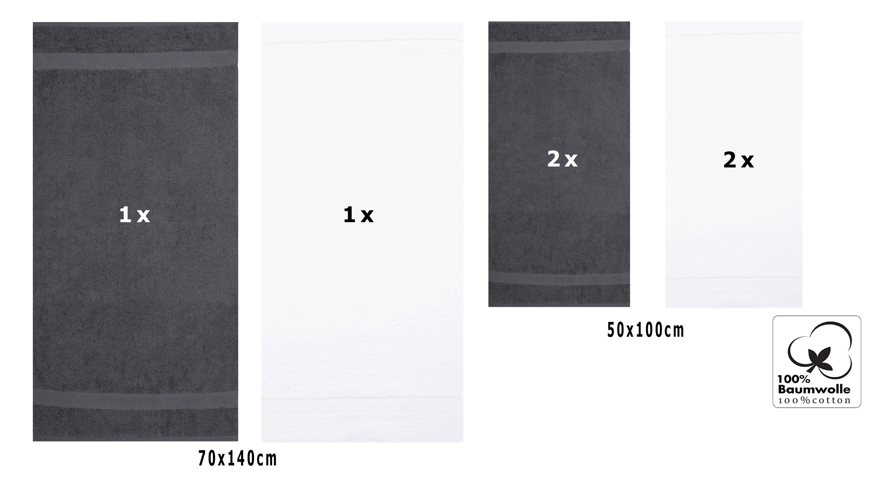 Betz Handtuch Set Palermo 2x anthrazit/weiß 70x140 6er 100% Handtücher, cm 4x Liegetücher Baumwolle