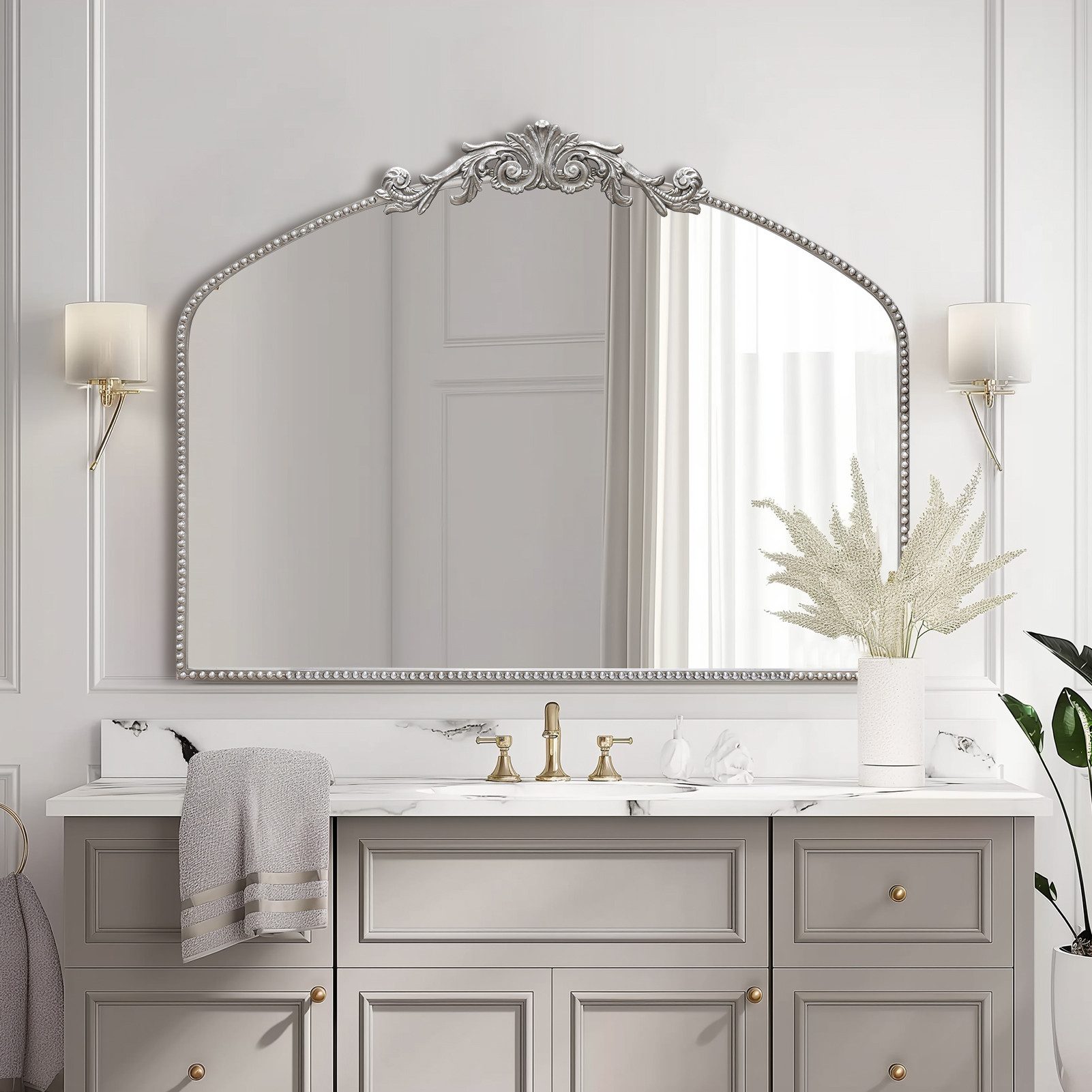G-LEAF Spiegel Wandspiegel/Ganzkörperspiegel im Barockstil, mit Perlenverzierung (1-St), mit verschlungenen Mustern, 102×76cm, Vintage-Silber