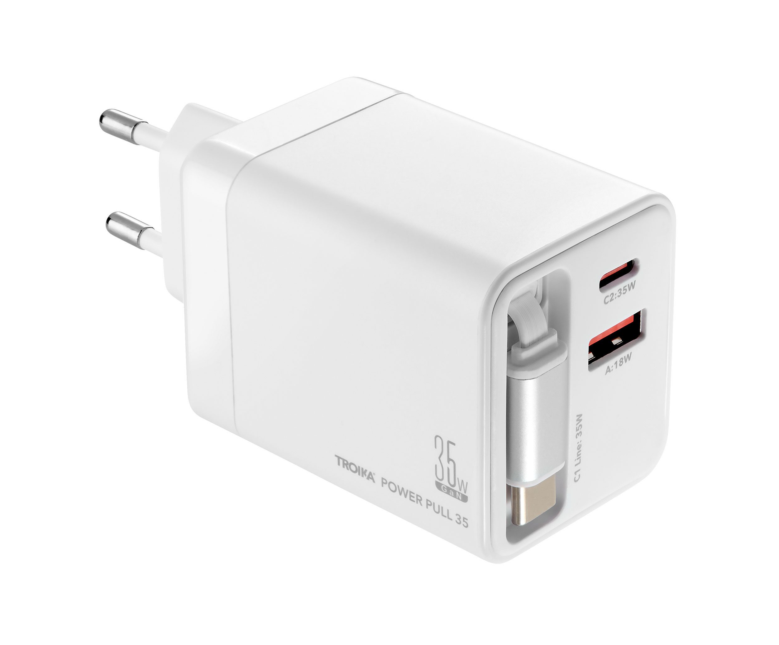 TROIKA POWER PULL, 35W GaN-Ladestecker, USB-C & USB-A ausziehbares Kabel 70cm Schnelllade-Gerät (1-tlg., Power Delivery Schnellladegerät für iPhone, iPad, Smartphone & Tablet)