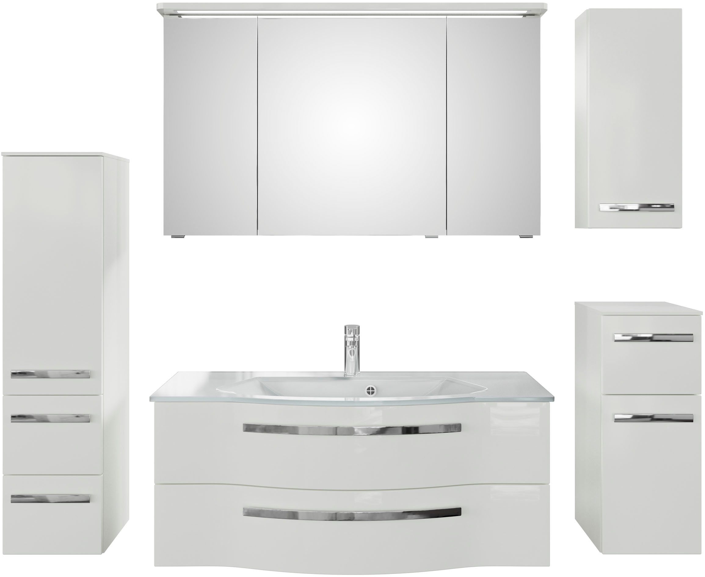 Saphir Badmöbel-Set Serie 4005, vormontiert, Glaswaschbecken, Spiegelschrank, (Set, 6-St), Badezimmer-Set mit Unterschrank, Hängeschrank, Midischrank, Türdämpfer