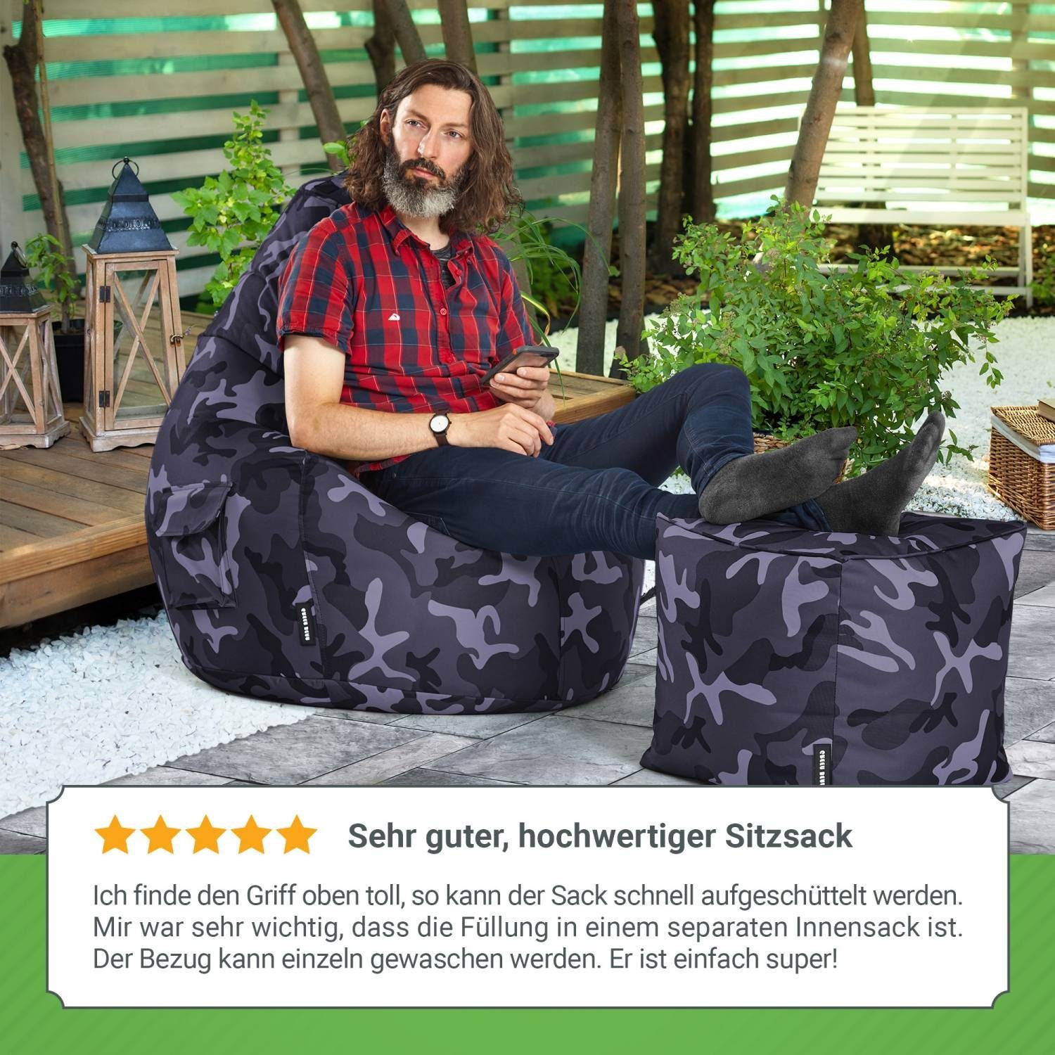 Green Bean Sitzsack Cozy+Cube (2er Erwachsene Gamingstuhl Lounge Hocker robust Set - + Bean befüllt Blau - Camouflage schmutzabweisend Bodenkissen), Gamer Kinder Sitzsack -, fertig Pouf Relax-Sessel Sitzhocker & waschbar Bag