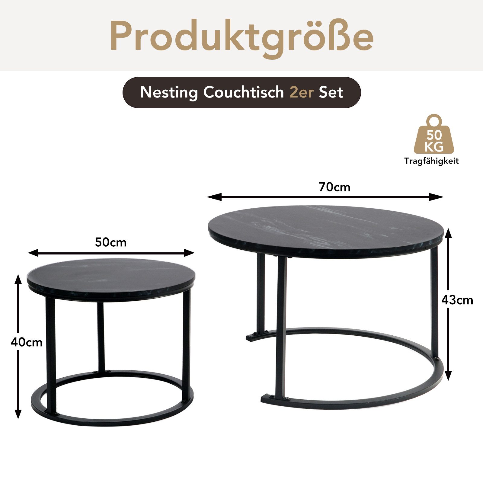 BIGTREE Couchtisch 2er set wohnzimmer tisch beistelltisch rund,Holz & Metall (2er-Set), 70x70x45 cm und 50x50x40 cm