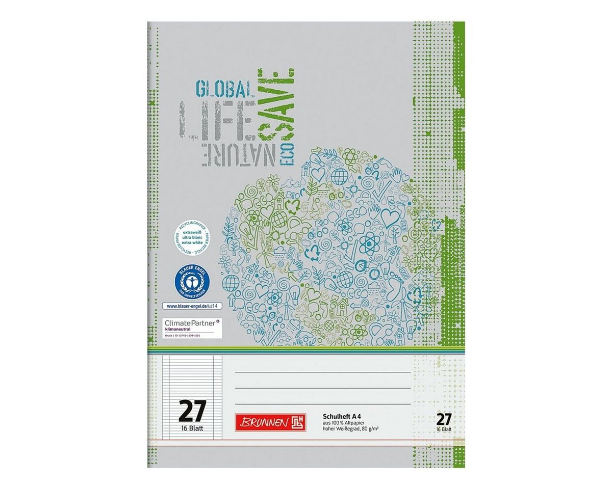 BRUNNEN Schulheft Recycling, A4, liniert (Lineatur 27), mit Innen-/ Außenrand, 16 Blatt