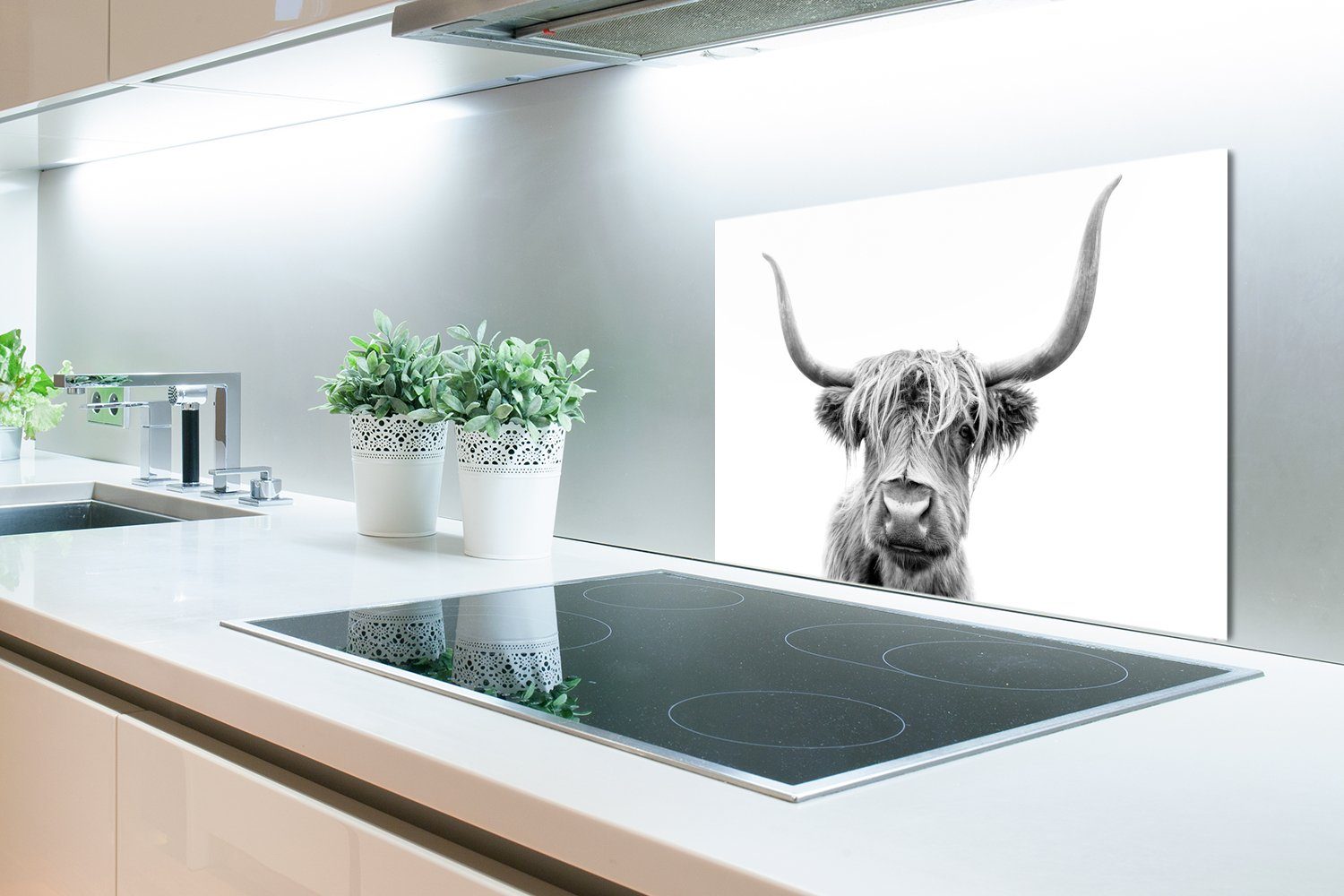 - Schwarz Weiß Highlander - küchen Schottischer Temperaturbeständig - Herdblende 60x40 aus MuchoWow (1-tlg), Küchenrückwand Tiere, Wandschutz, cm,