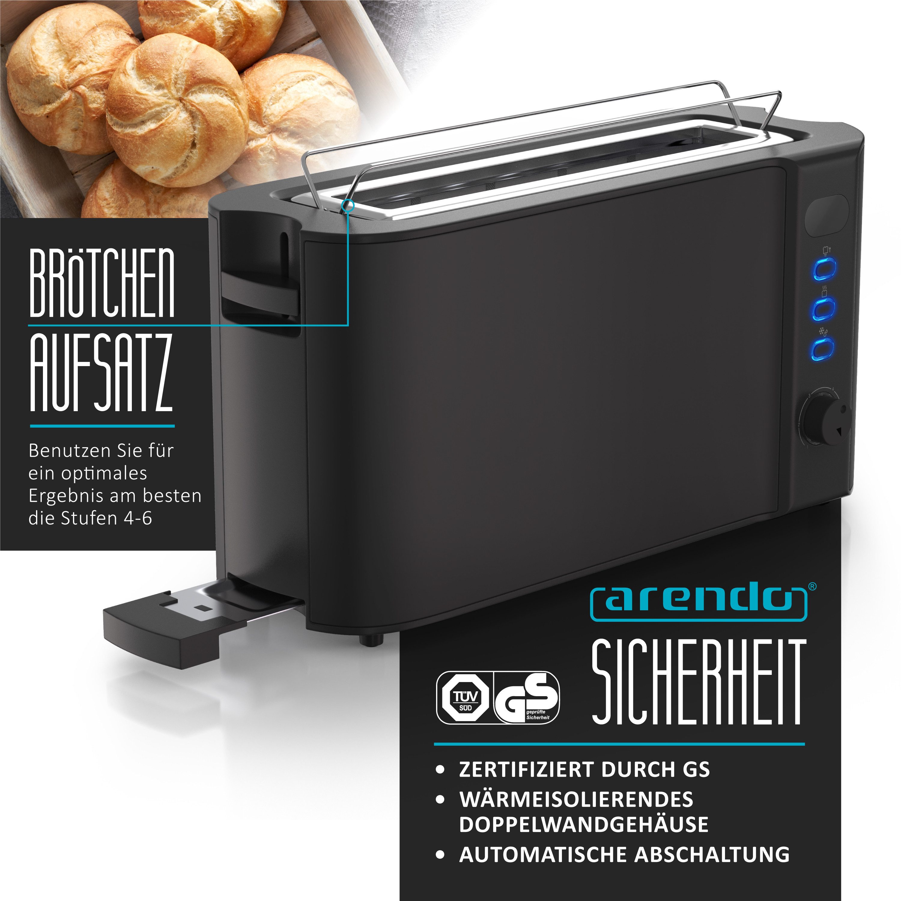 Arendo Toaster Edelstahl, Langschlitz, Display mit Restzeitanzeige, Brötchenaufsatz, 1 langer Schlitz, für 2 Scheiben, 1000 W, Defrost Funktion, Wärmeisolierendes Gehäuse, Krümelschublade