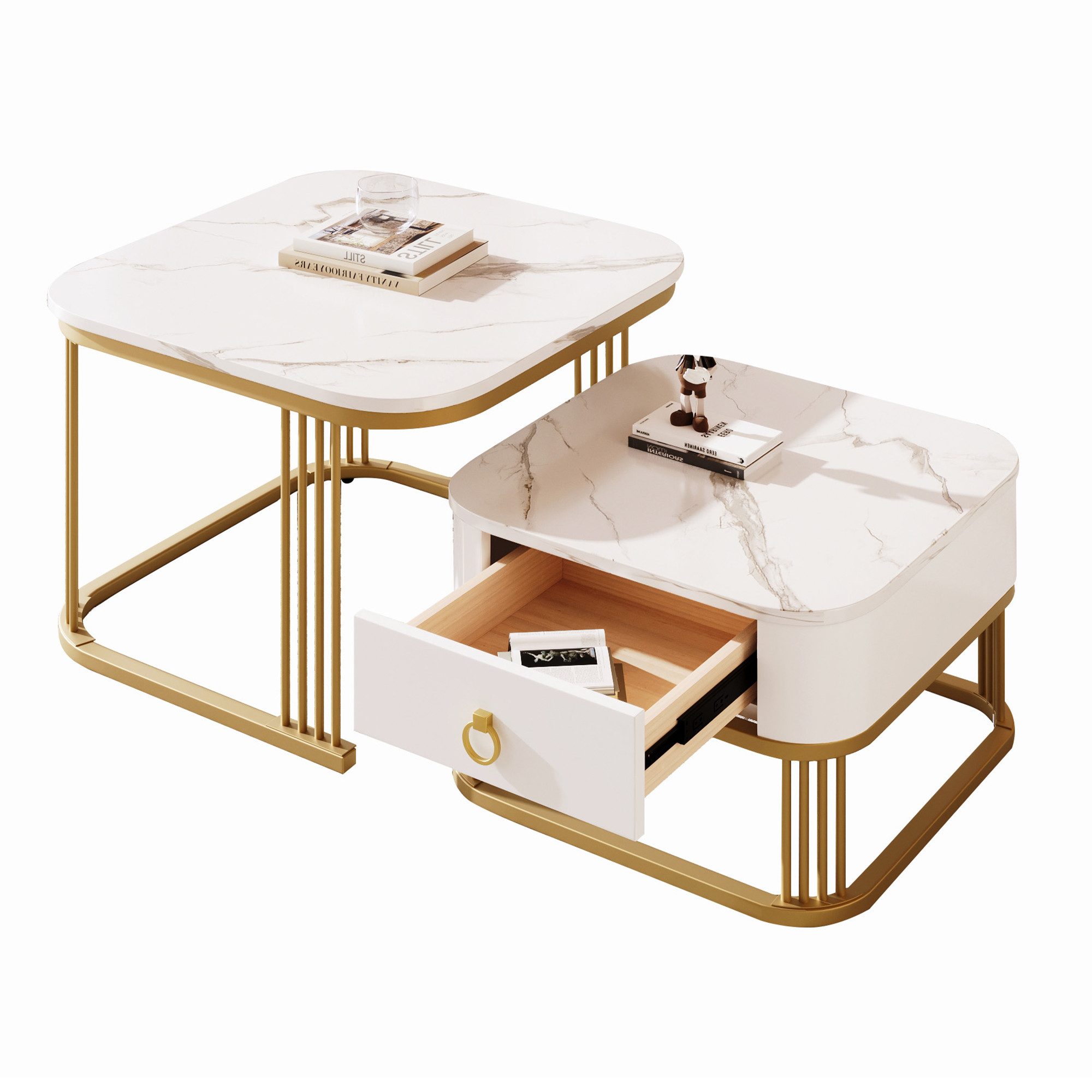 Merax Couchtisch Set Marmoroptik mit Schublade, Beistelltisch hochglanz, Sa günstig online kaufen