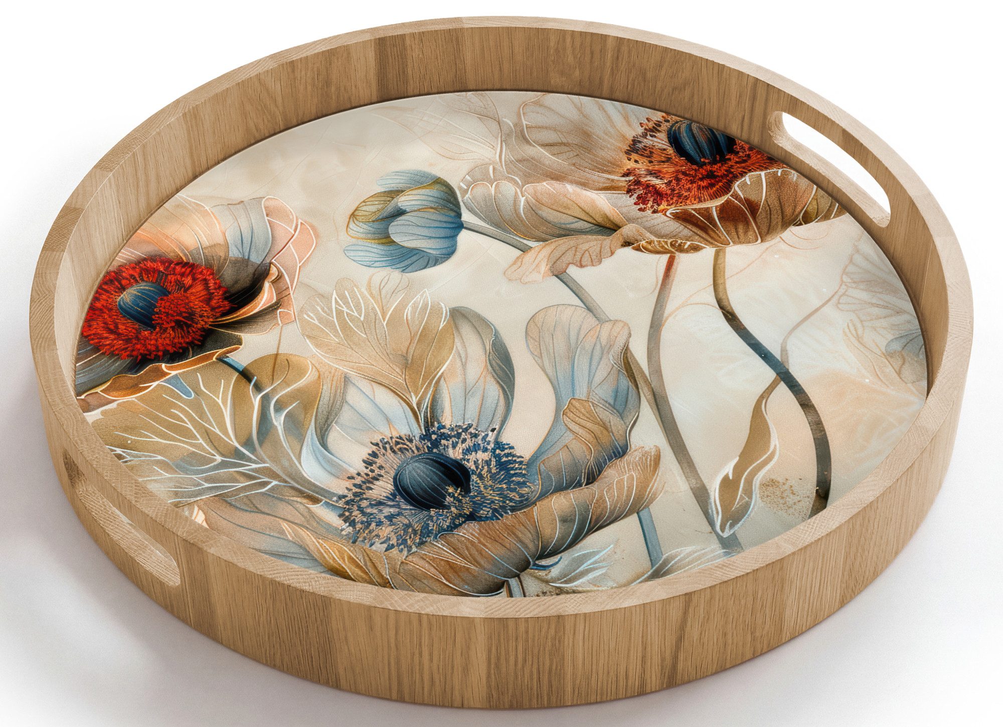 OnlyWow Tablett Rund mit Henkel Blumen - Beige - Modern - Illustration, Eichenholz, (1-tlg), Siervierplatte, Tray, Frühstücksbrett