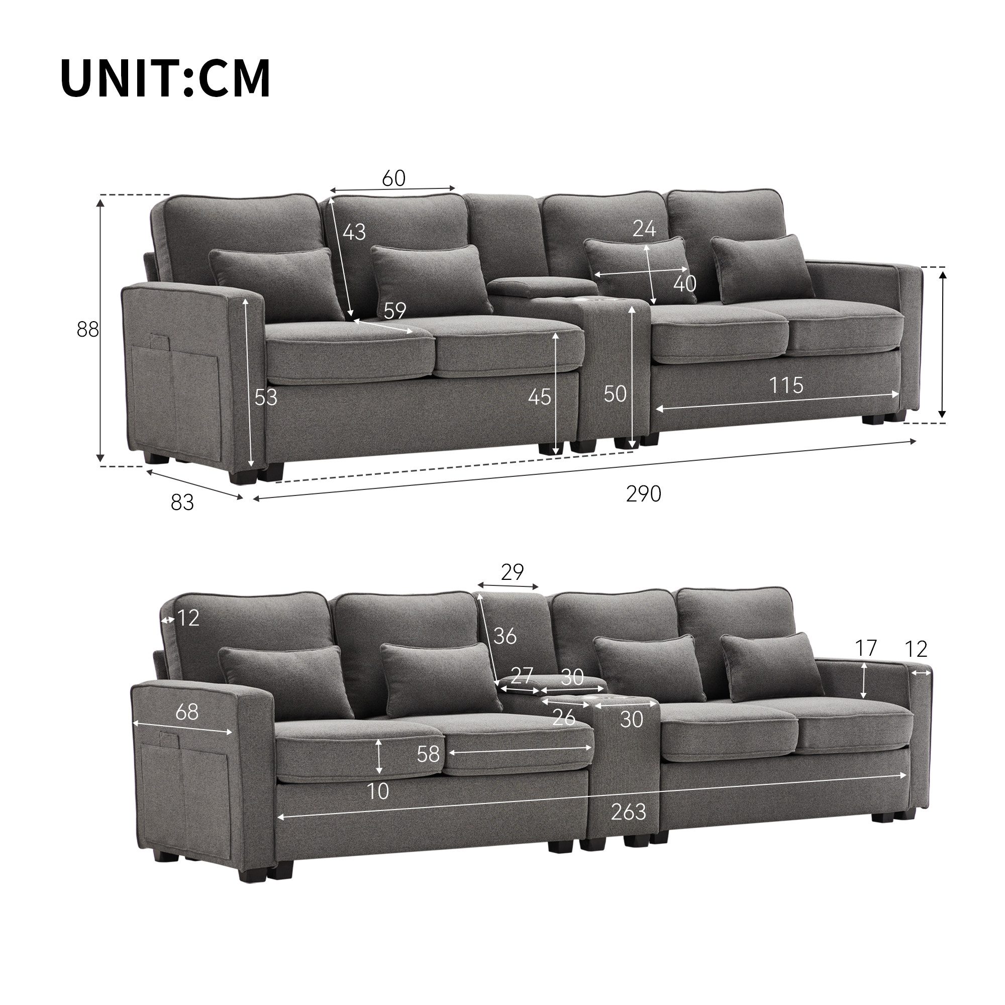 Merax 4-Sitzer mit Seitentaschen und Getränkehälter, XXL-Sofa mit USB,Chaiselounge,Polstermöbel mit Zierkissen – Bild 5 von 5