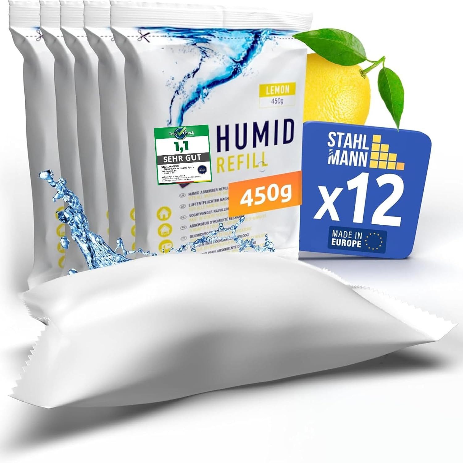 STAHLMANN COMMERCE GmbH Luftentfeuchter-Nachfüllpack Luftentfeuchter Nachfüllpack [12 x 450 g] Granulat Zitrone Duft, für Alle Gängigen Luftentfuchter mit einem Nachfüllpack von 400-450G, Zitrone, 12 x 450 g · 5,4 kg Vorrat · Zitrone · ohne Strom · Made in EU