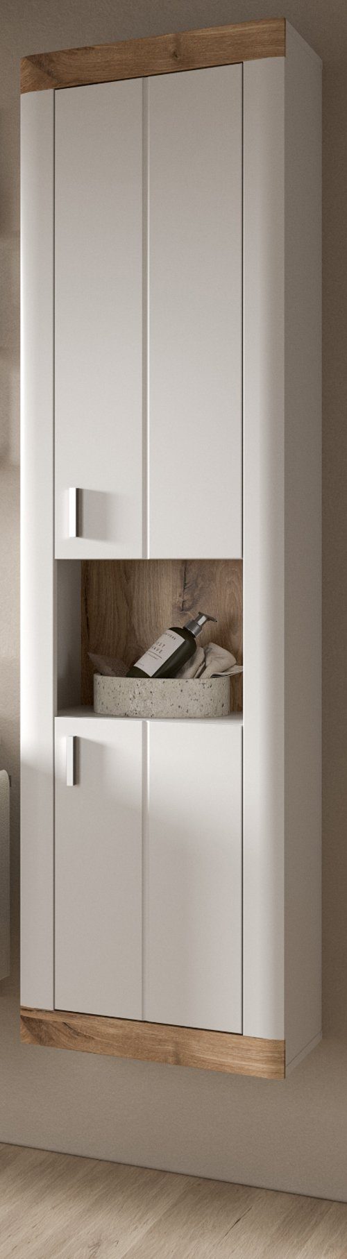 Inn.Furn Hochschrank Sopela (Bad Hängeschrank in weiß mit Eiche, 45 x 172 cm) mit Soft-Close