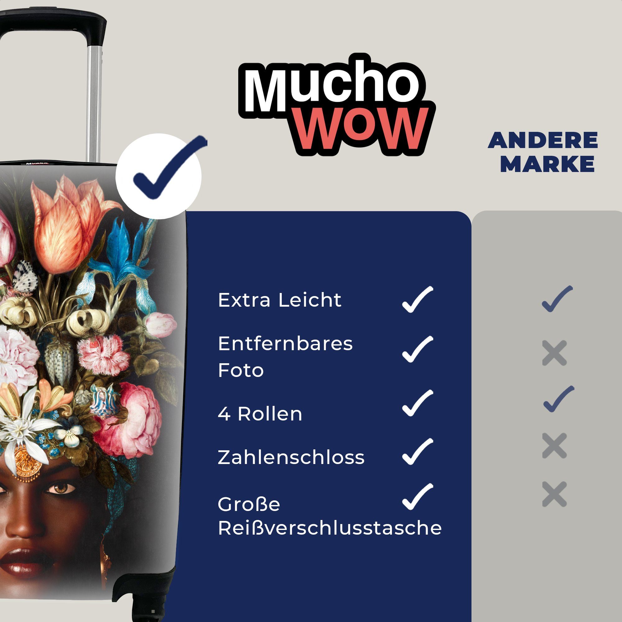 MuchoWow Handgepäckkoffer Frau Bunt, Trolley, Rollen, rollen, Blumen mit 4 - Reisekoffer Ferien, Reisetasche für Handgepäck 