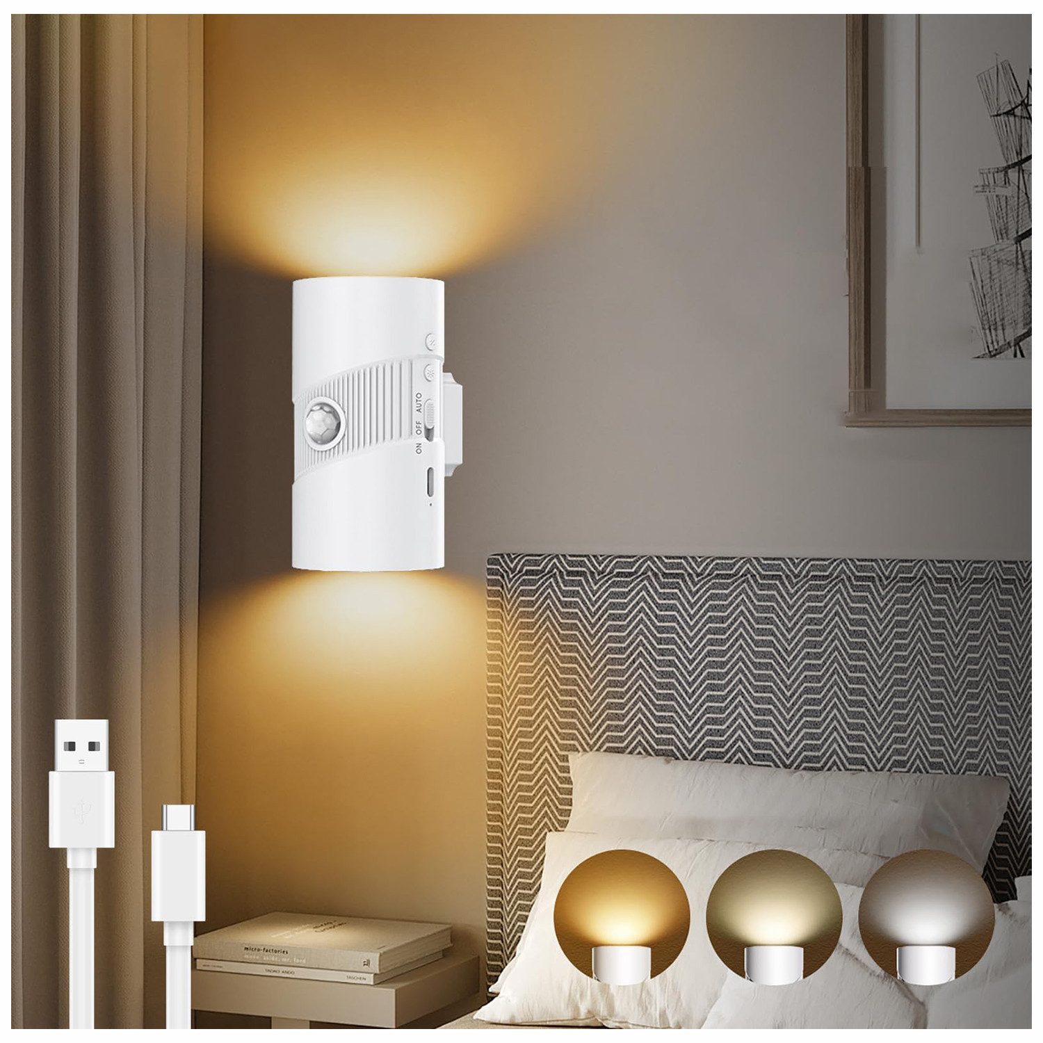 wohnTRAUM24 LED Nachtlicht LED Bewegungsmelder-Nachtlicht mit 3 Modi (ON/AUTO/OFF),Warmweiß 3000K, LED fest integriert, Tageslichtweiß, Warmweiß, Neutralweiß, Wiederaufladbar, für Wohnzimmer Treppenhaus Flur