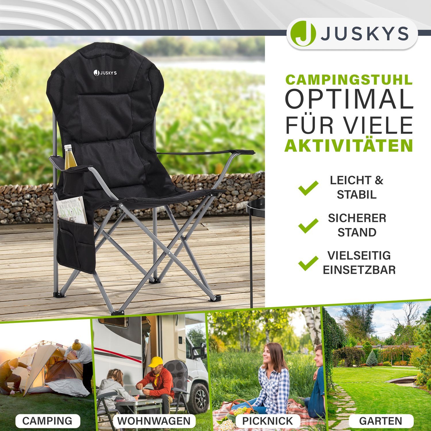 Juskys Campingstuhl Lido, leicht und stabil, bequeme Rückenlehne, mit Armlehnen