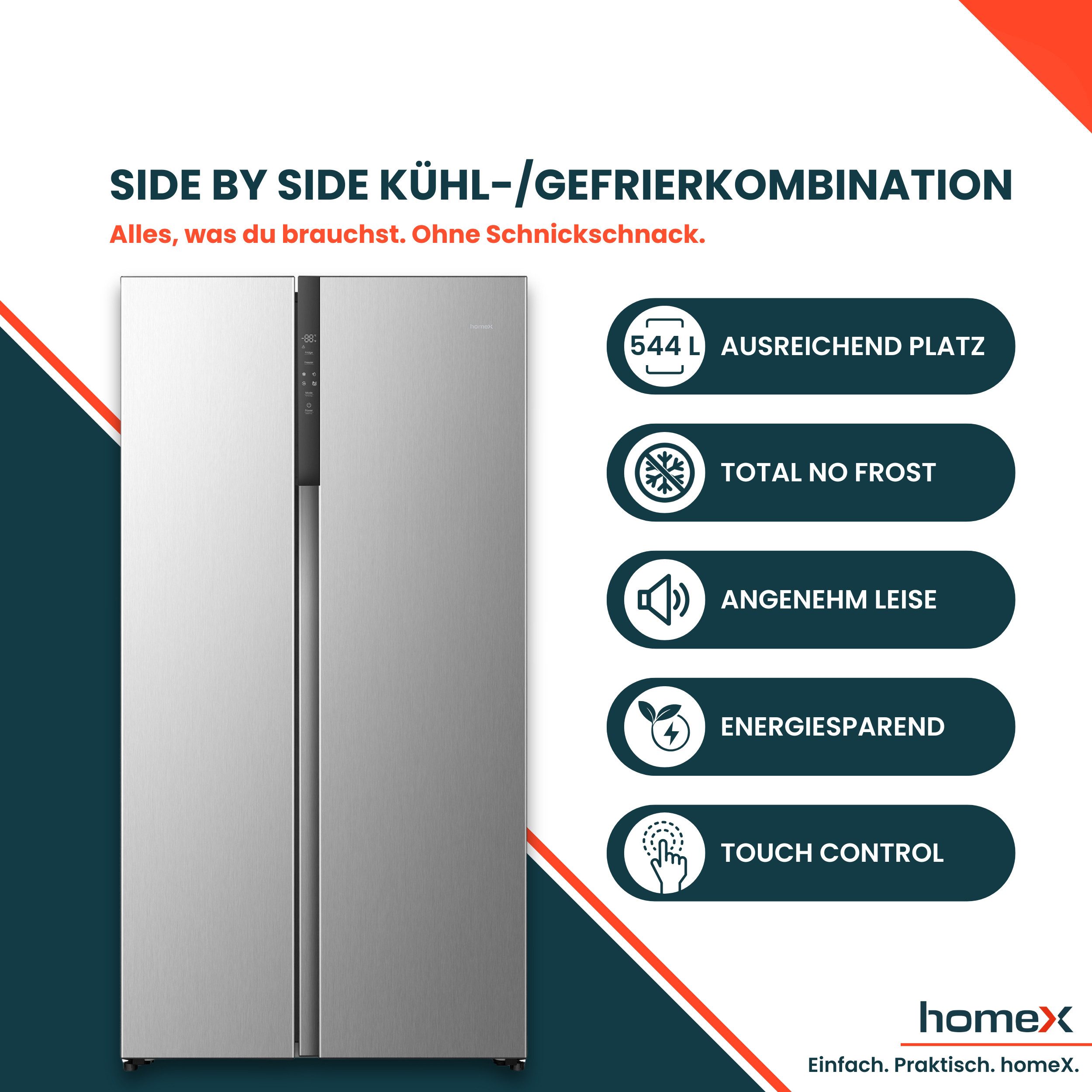homeX Side-by-Side CFBSN5441C-S, 178.6 cm hoch, 91.1 cm breit, Total NoFrost, 544 L, Multi Airflow, Kühl-Gefrierkombination, 37 dB
