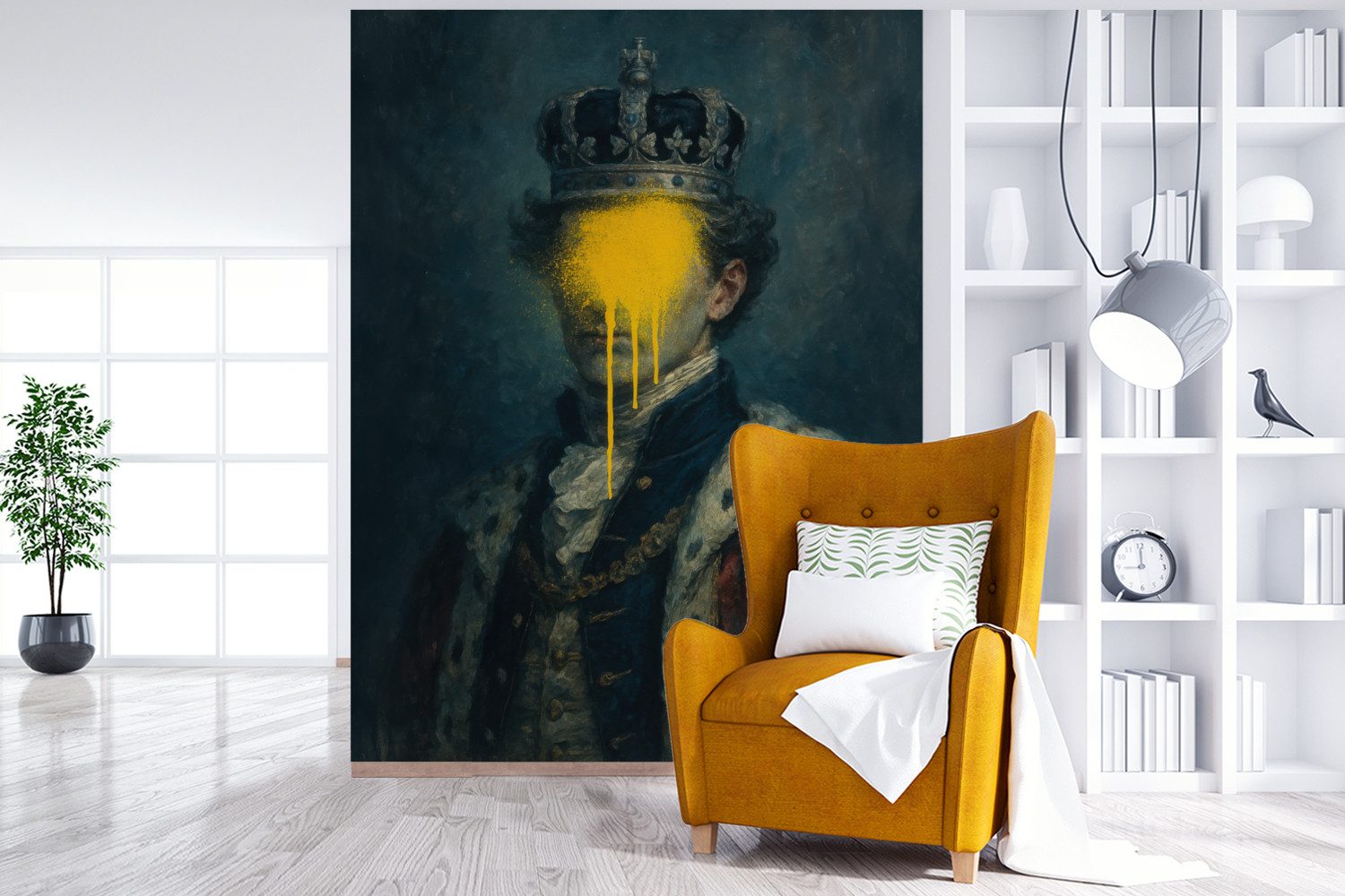 MuchoWow Fototapete König - Porträt - Tropfende gelbe Farbe, Matt, bedruckt, Wallpaper für Wohnzimmer, Schlafzimmer, Vinyl Tapete, 165x220 cm