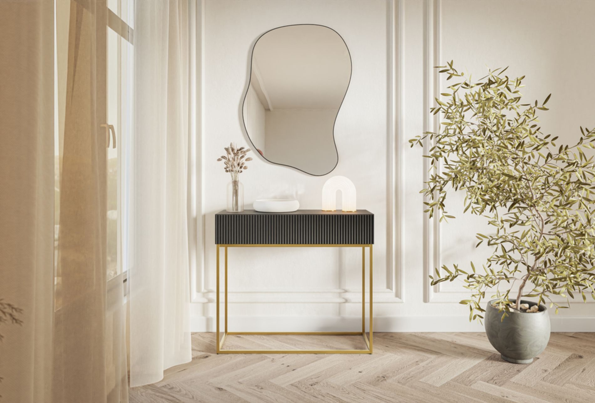 Selsey Konsolentisch VELDIO, mit Schublade, geriffelter Front und Metallgestell, 90 cm