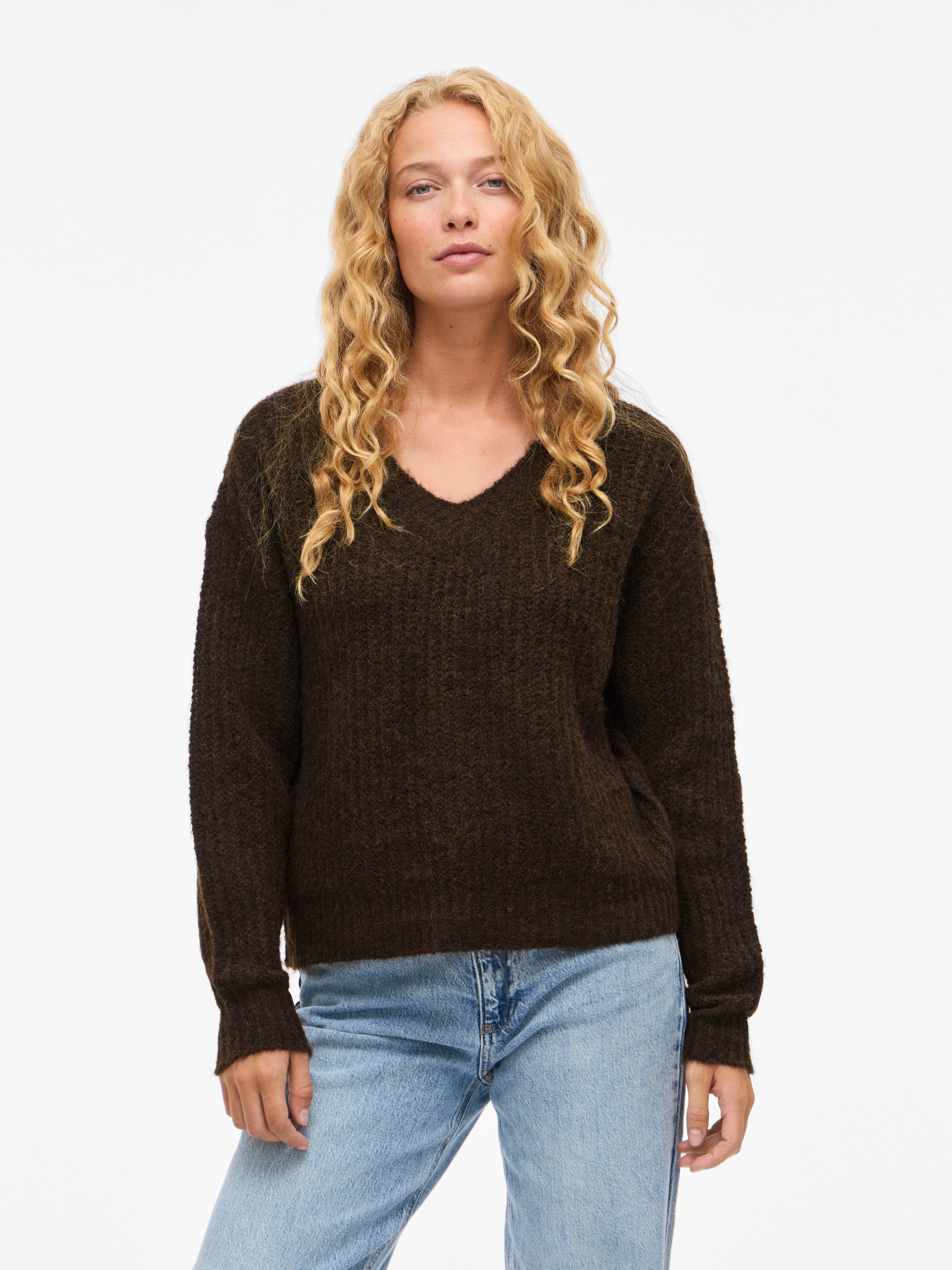 Vila V-Ausschnitt-Pullover VILAMPE V-NECK L/S KNIT TOP-NOOS Materialmix, regular fit