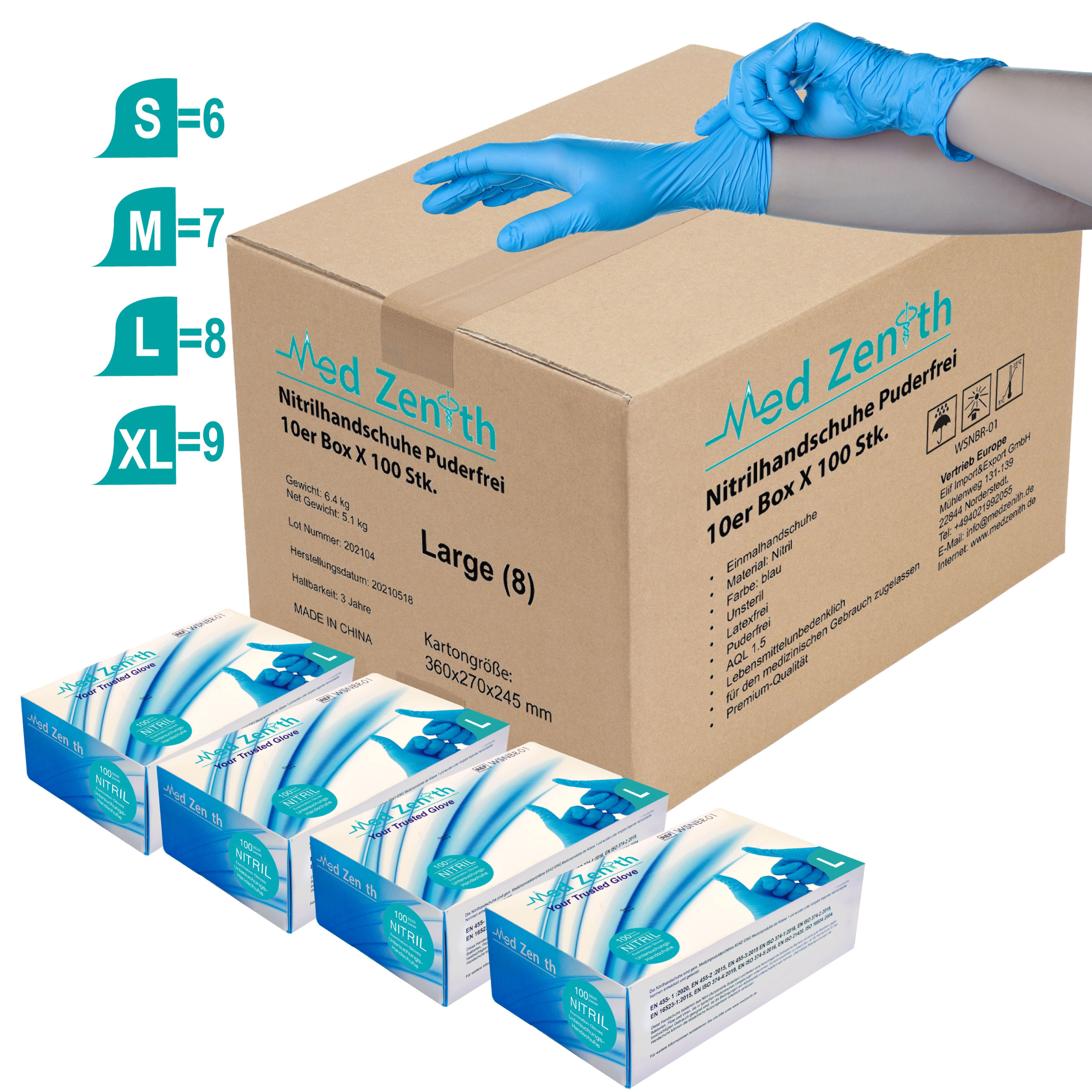 Med Zenith Nitril-Handschuhe Medical Einmalhandschuhe (1000 Stück, Gummihandschuhe) Größe M-L