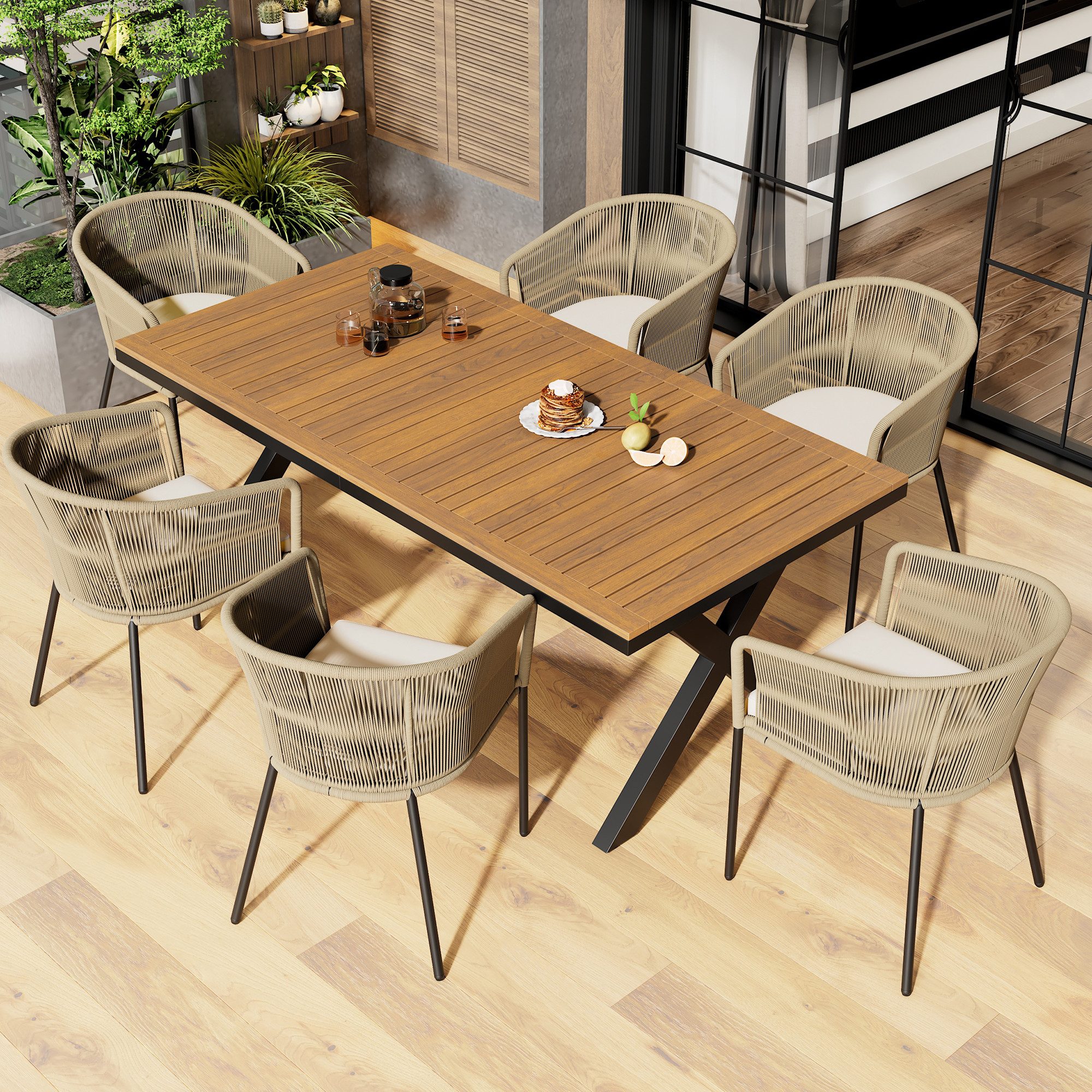 MODFU Garten-Essgruppe Garten-Lounge-Set, (7-tlg., mit 6 Sessel und 1 Tisch, Fußpolstern,sechs Sitzkissen), aus Seil,abnehmbar und waschbar
