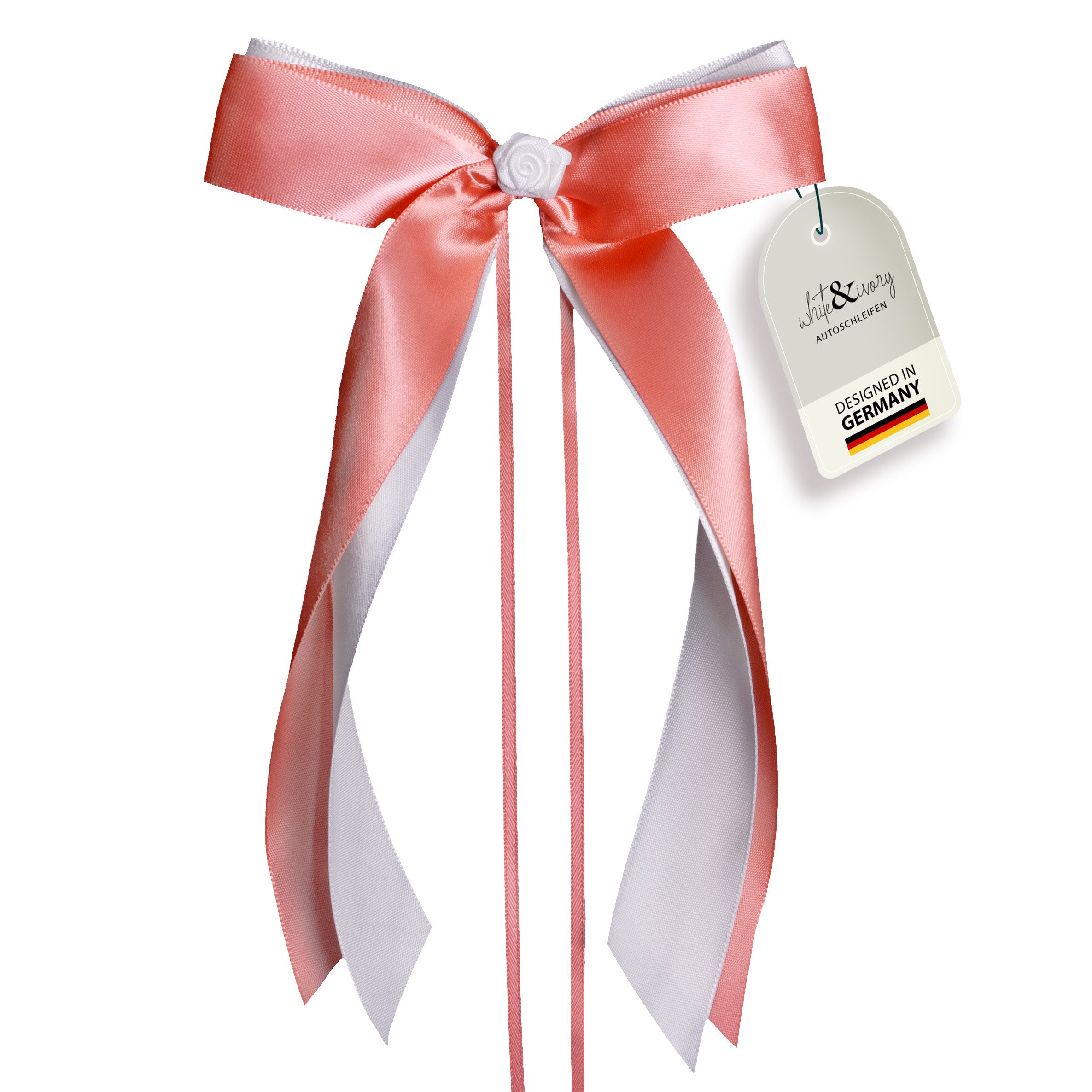 white & ivory Dekoobjekt Autoschleifen Hochzeit mit Rose + extra langem Befestigungsband (25 St)