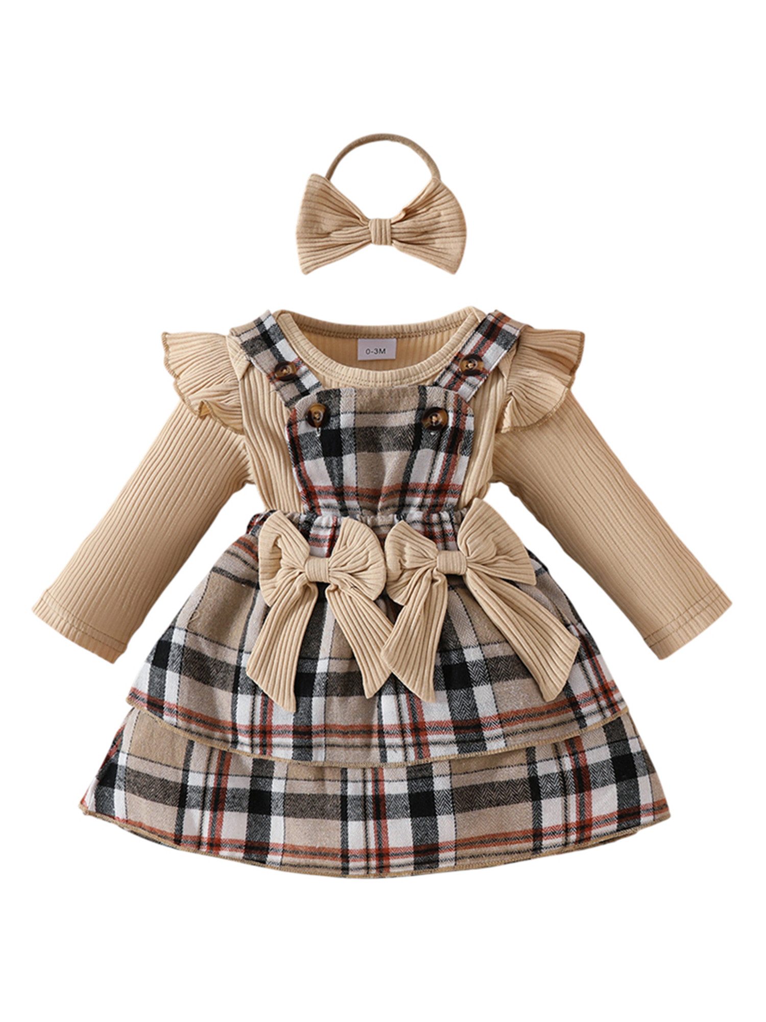 Lapastyle Shirt, Rock & Haarband Langarmbody, Trägerkleid und Stirnband für Neugeborene mit karierte (Set, 3-tlg) Baby Mädchen Süßes Outfit mit Schleife&Rüschen für Party, Geburtstage