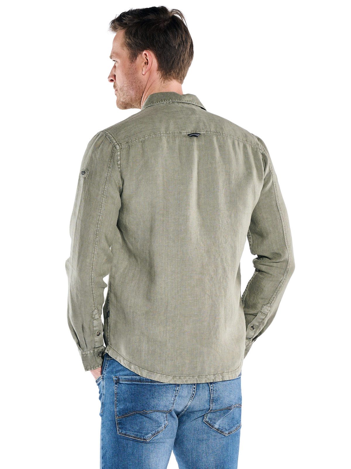 Engbers Langarmhemd Herren Leinen Overshirt mit Zipper, Oliv