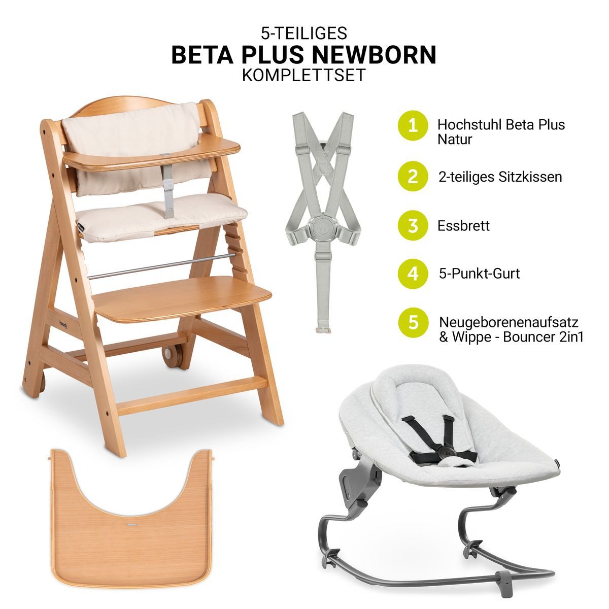 Hauck Hochstuhl Beta Plus Natural - Newborn Set Premium (Set), Babyhochstuhl ab Geburt mit Neugeborenen Aufsatz, Sitzkissen, Essbrett – Bild 2 von 5