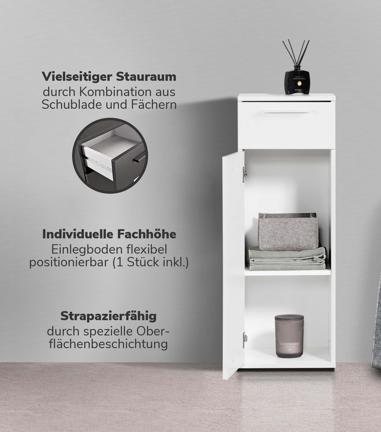 mokebo Midischrank Der Matrose (91x33x34 cm, mit Einlegeboden & Schublade) Made in Germany, schmaler Badschrank, Badezimmerschrank in Weiß – Bild 2 von 5