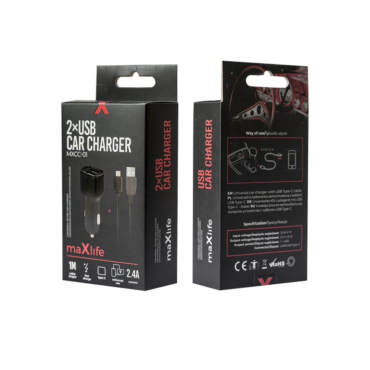 MaXlife Maxlife MXCC-01 Kfz-Ladegerät 2x USB 2,4A schwarz + USB-C-Kabel Smartphone-Ladegerät