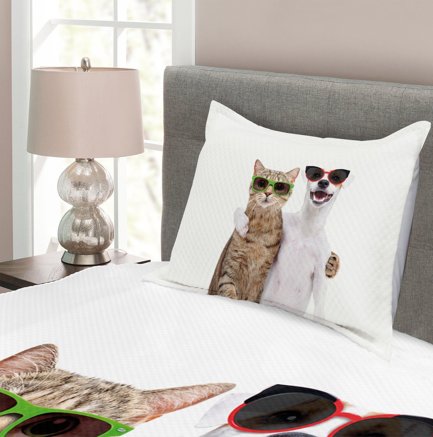 Tagesdecke Set mit Kissenbezügen und Katze Abakuhaus, Waschbar, in den Sonnenbrillen Katze Süße Hund