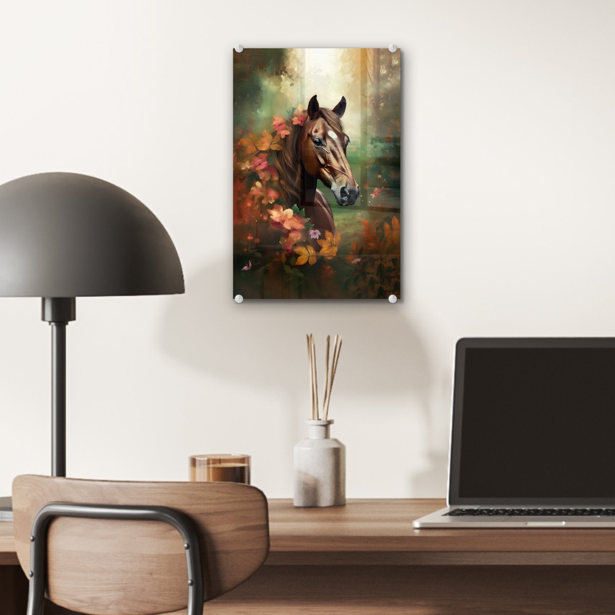 MuchoWow Acrylglasbild Pferd - Glasbilder auf Orange, Glas - Bilder (1 St), auf - - - - Wandbild Foto - Wanddekoration Wald Glas - Natur Tiere Blumen