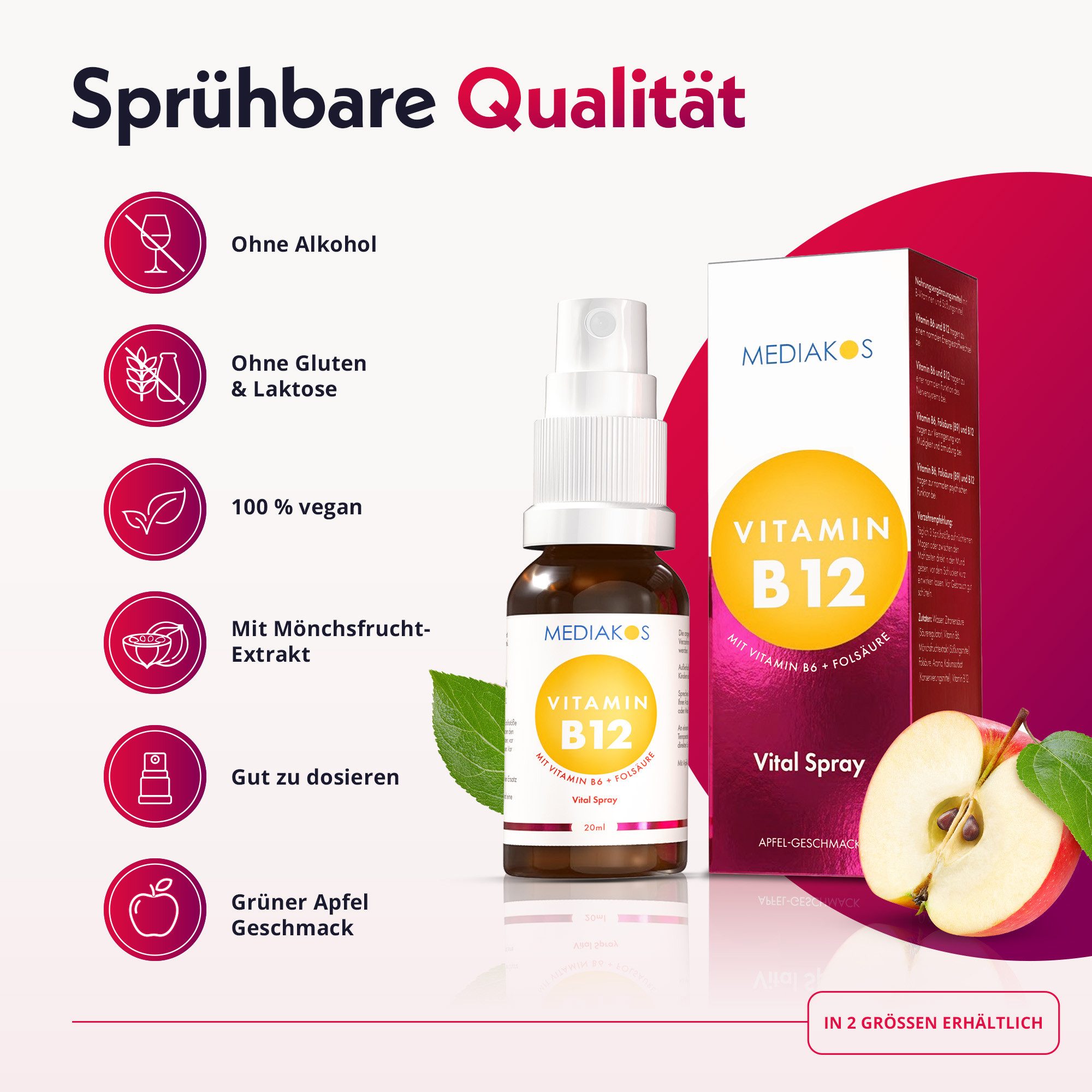 Mediakos Mediakos Vitamin B12 + B6 + 600µg Folsäure Vital Spray, für Energie, Nerven & Psyche – auch bei Kinderwunsch und Schwangerschaft – Vegan à 20 ml