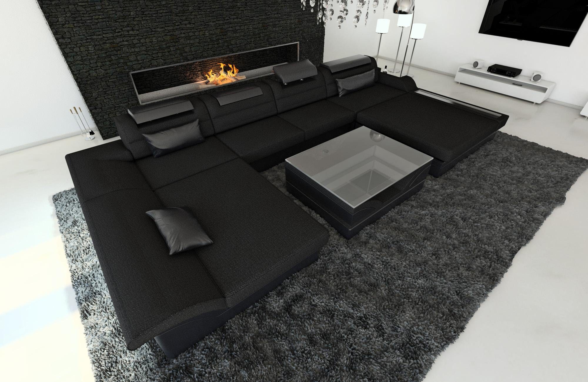 Wohnlandschaft Stoff Sofa LED, Stoffsofa, Form Couch Monza U Schwarz-Schwarz Dreams H14 mit ausziehbare Designersofa Bettfunktion, Polster