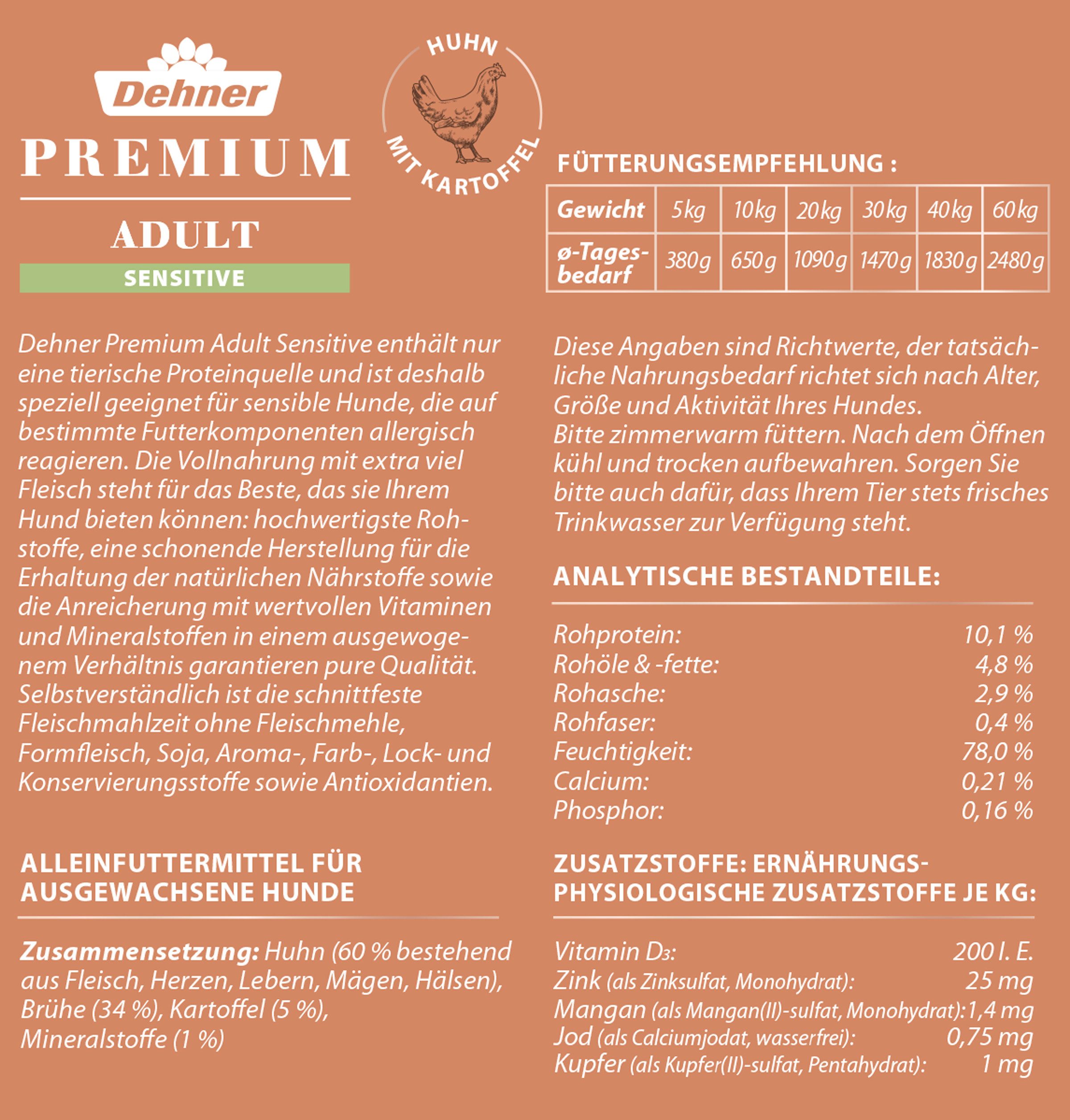 Dehner Premium Adult Sensitiv Huhn, 6 x 800 g Dose, getreidefrei Huhn, Nassfutter für: Hunde, Nassfutter für ausgewachsene, sensible Hunde