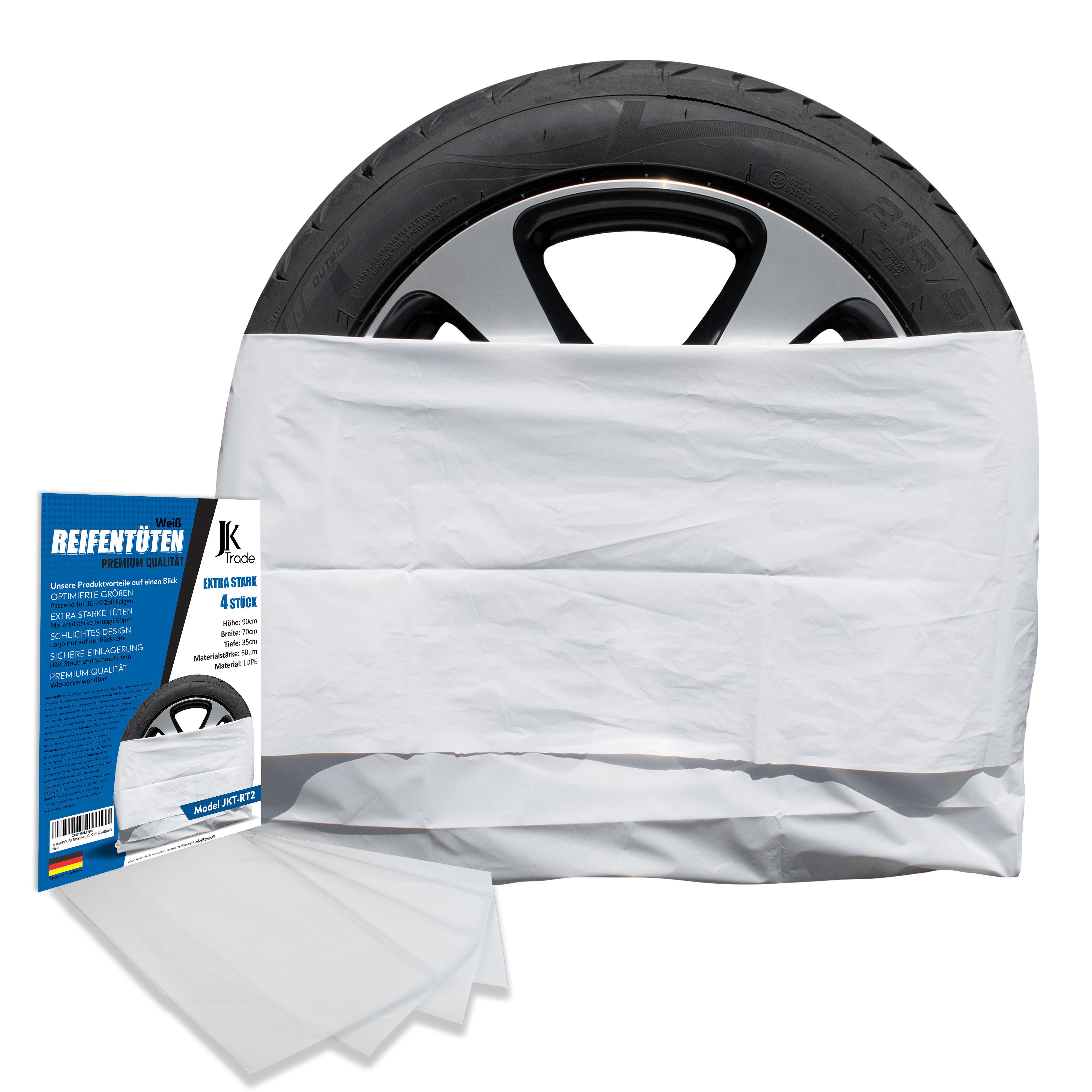 JK Trade Reifentasche - Reifentüten extra stabil, Felgentasche (4´er Pack, Schwarz, Weiß, Grau), hochwertiger LDPE-Kunststoff, Reifensäcke für Sommer- & Winterreifen