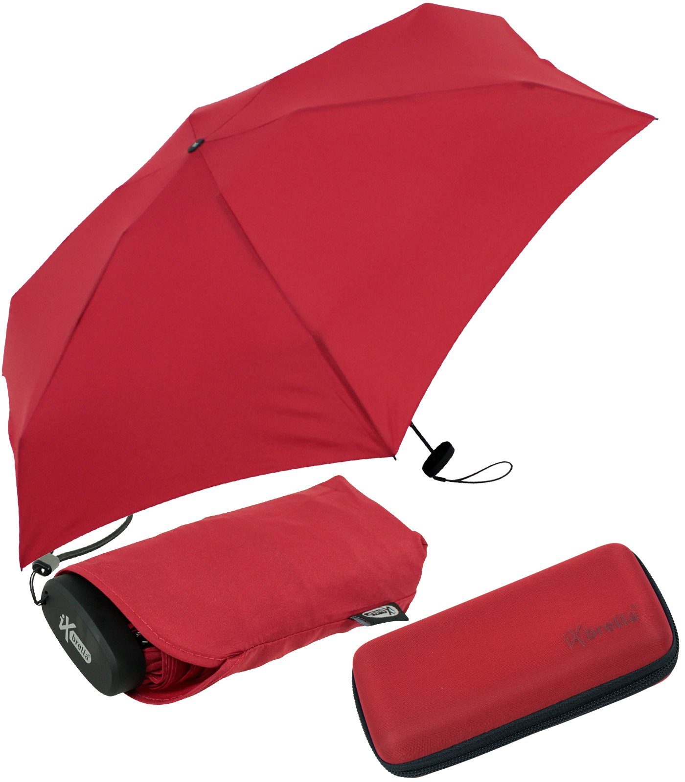 - mit cm im Format, Handy red Ultra dunkelrot Taschenregenschirm 15 Mini Schirm winziger Softcase-Etui dark iX-brella ultra-klein,