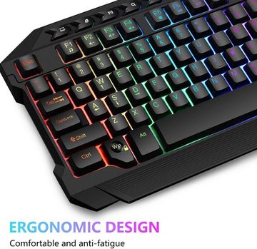 BAKTH Regenbogen LED Hintergrundbeleuchtung Tastatur- und Maus-Set, QWERTZ DE Layout, Beleuchtete USB Wasserdicht, Kompatibel mit PC