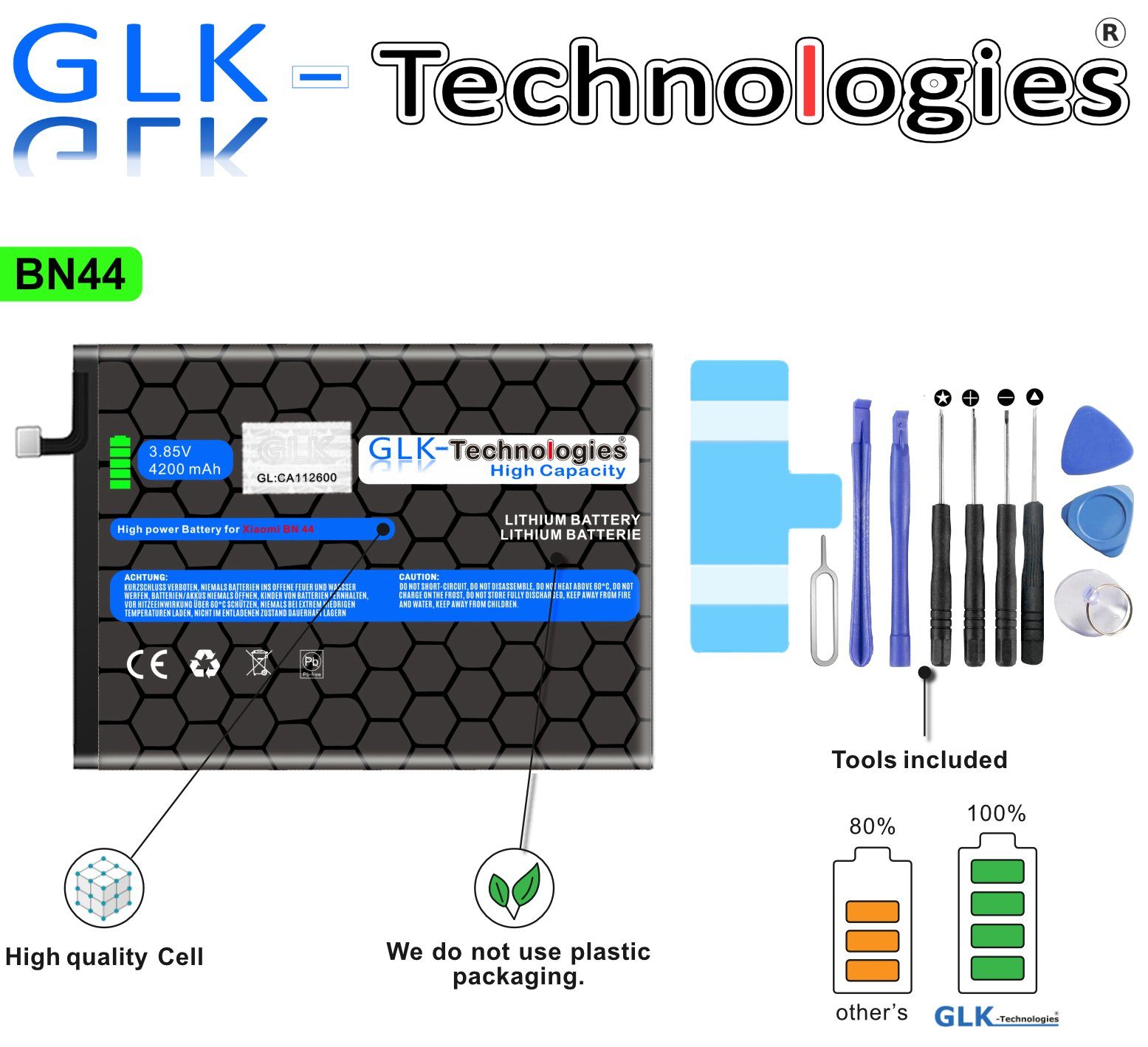 GLK-Technologies High Power Ersatzakku BN44 für Xiaomi Redmi Note 5 Redmi 5 Plus, Original GLK-Technologies Battery, accu, 4200mAh Akku, inkl. Werkzeug Set Kit NEU Smartphone-Akku 4200 mAh (3.8 V)